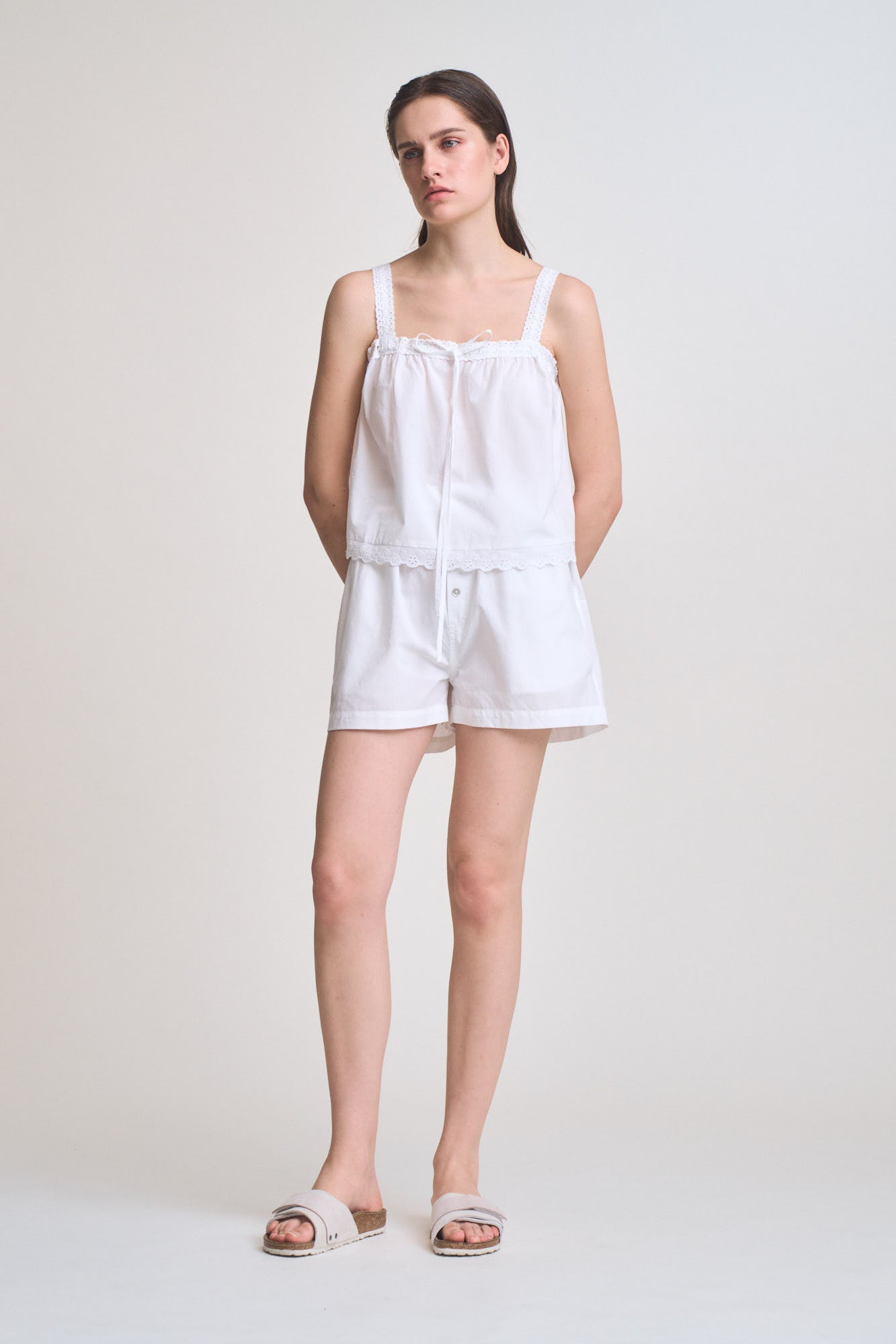 Lace Up Eyelet Trim Tank in Off White
