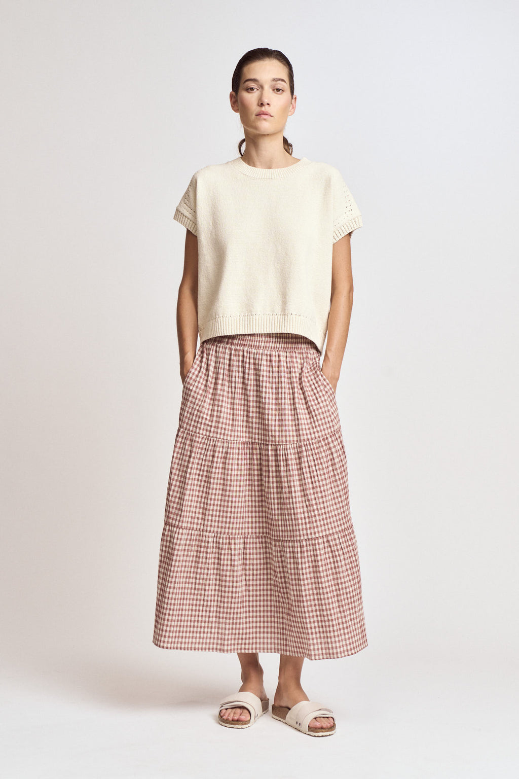 Tiered Gingham Skirt in Dusty Rose