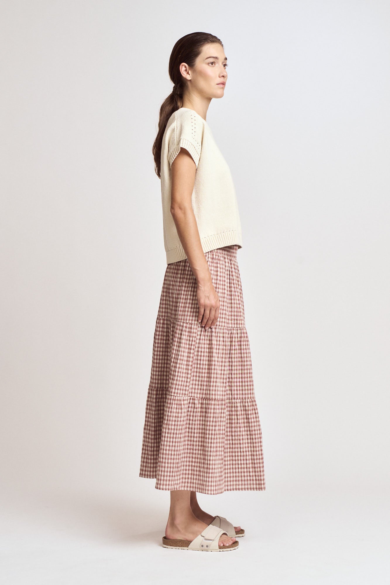 Tiered Gingham Skirt in Dusty Rose