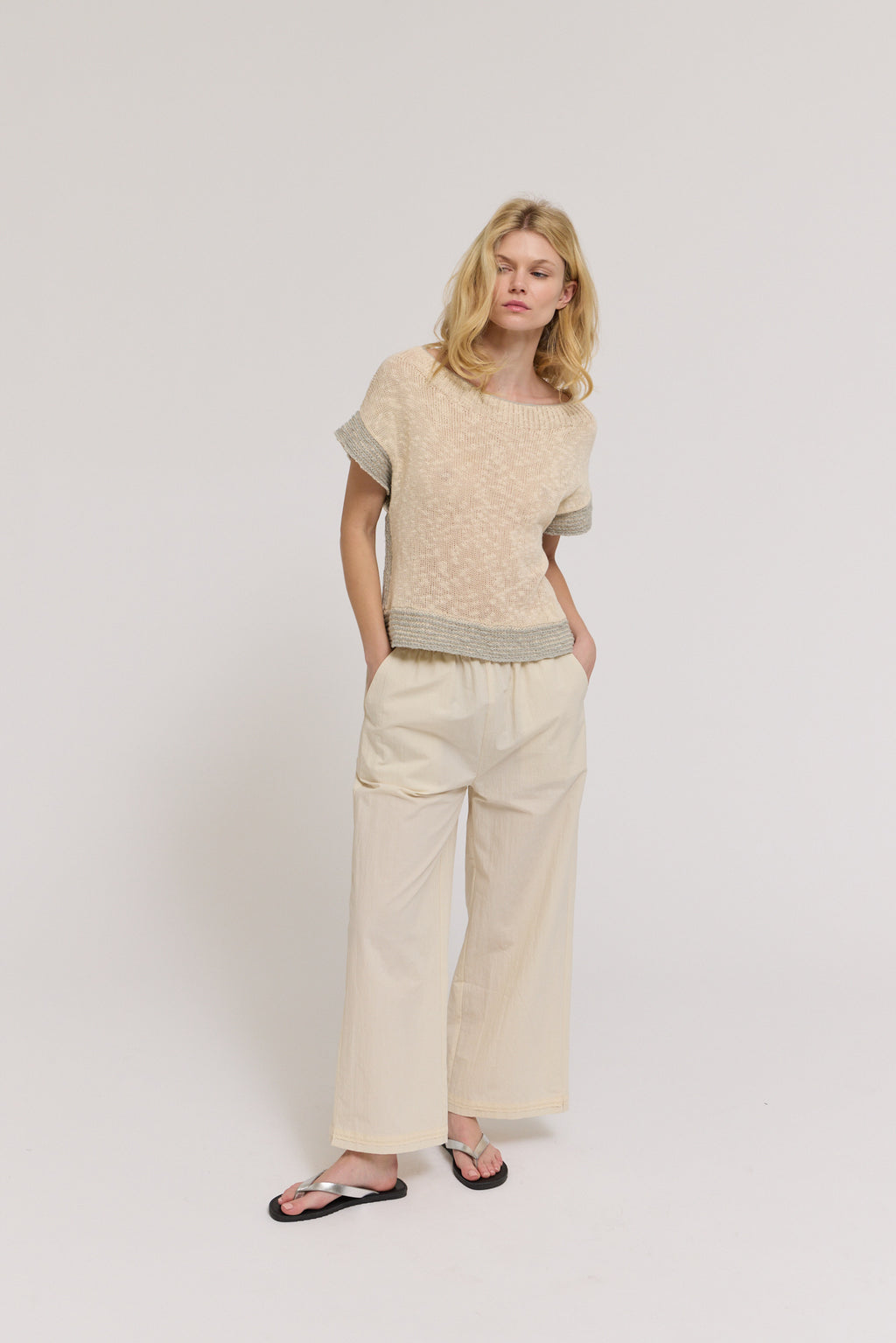Drop Shoulder Overlap Side Seam Knit Top in Cloud