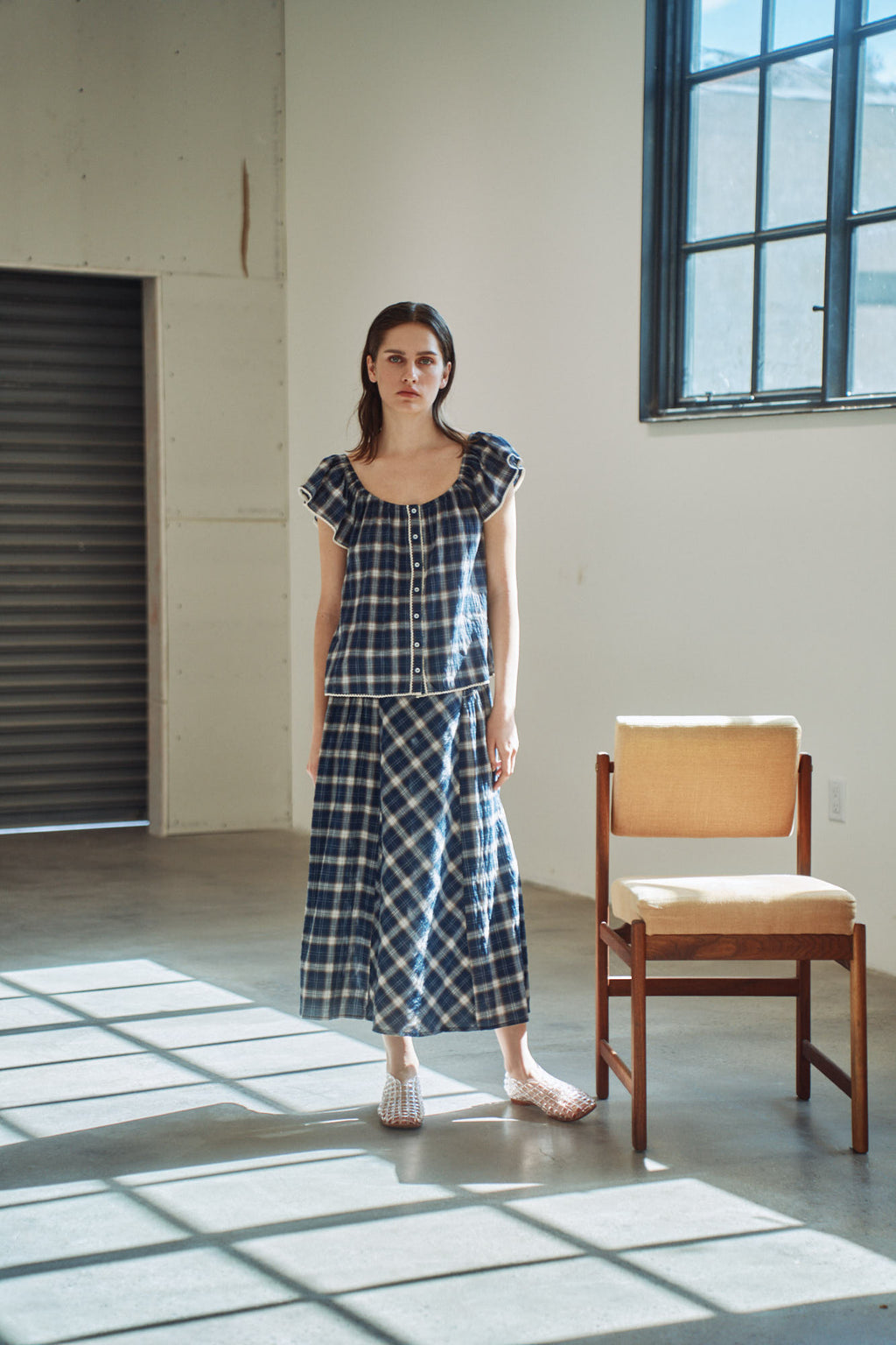 Smocked Yoke Plaid Skirt in Midnight