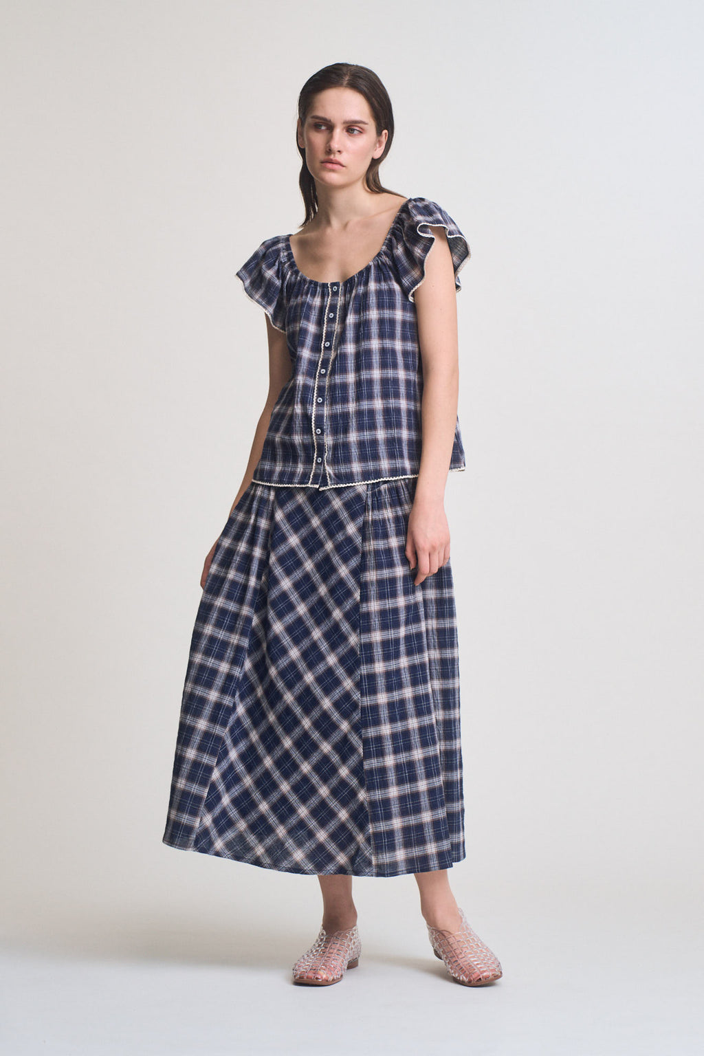 Smocked Yoke Plaid Skirt in Midnight