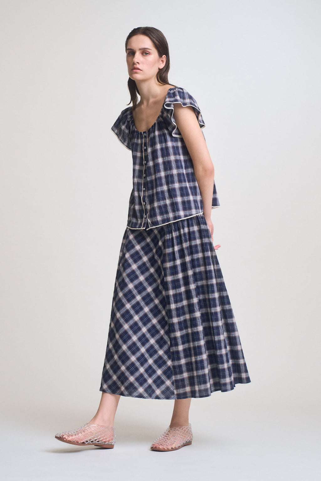 Smocked Yoke Plaid Skirt in Midnight