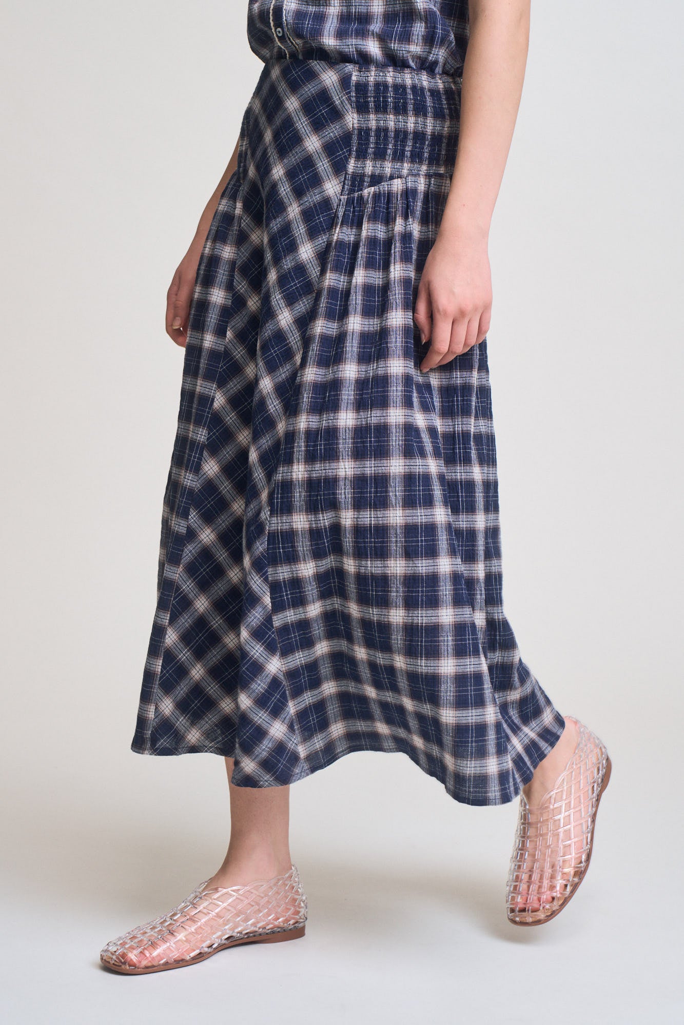 Smocked Yoke Plaid Skirt in Midnight