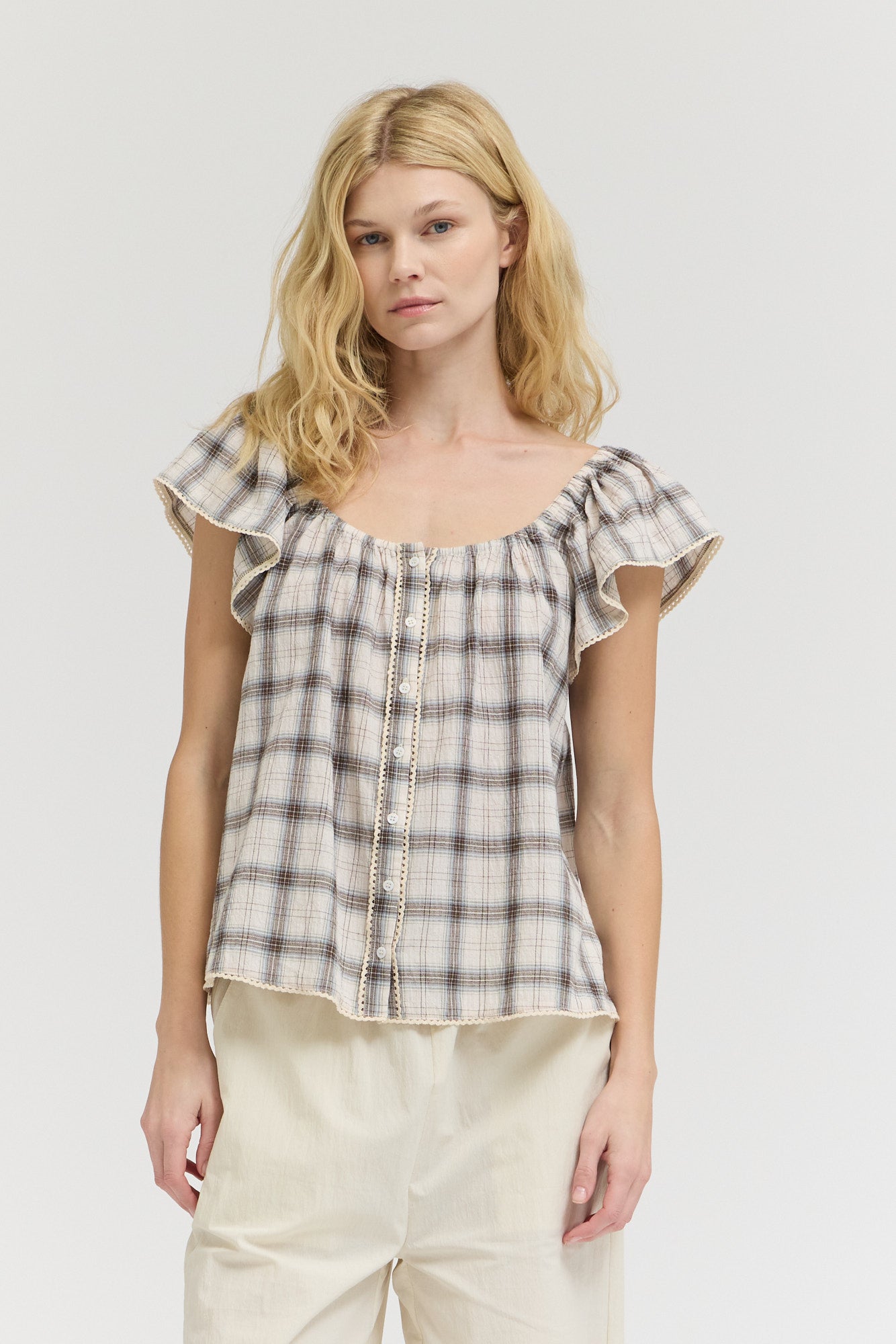 Plaid Eyelet Blouse in Natural