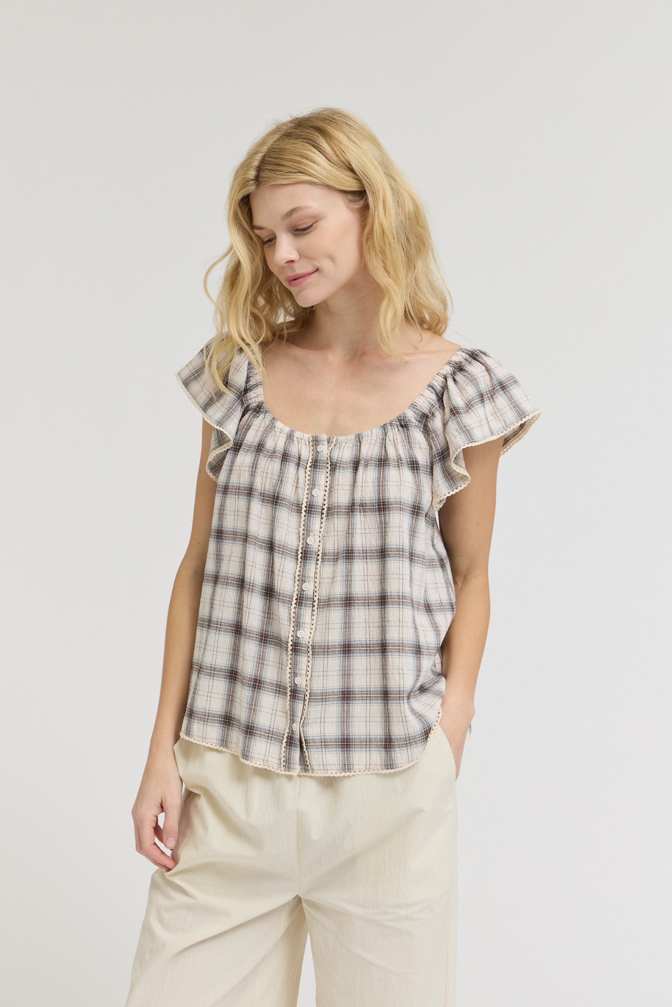 Plaid Eyelet Blouse in Natural