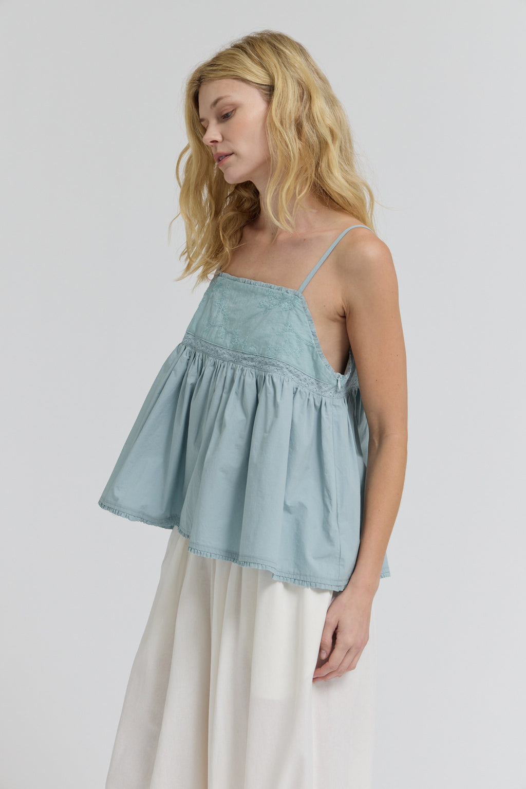 Embroidered Sleeveless Top in Pale Blue