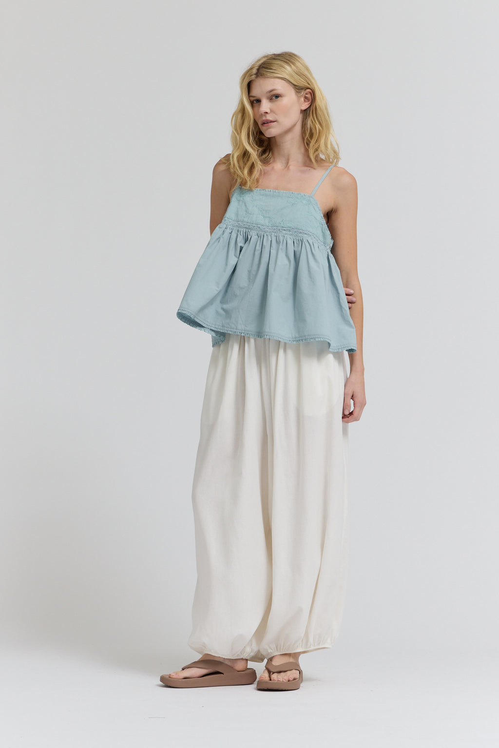 Embroidered Sleeveless Top in Pale Blue