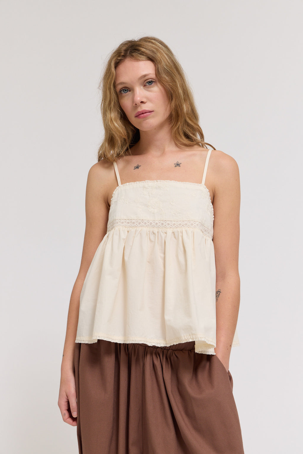 Embroidered Sleeveless Top in Soy