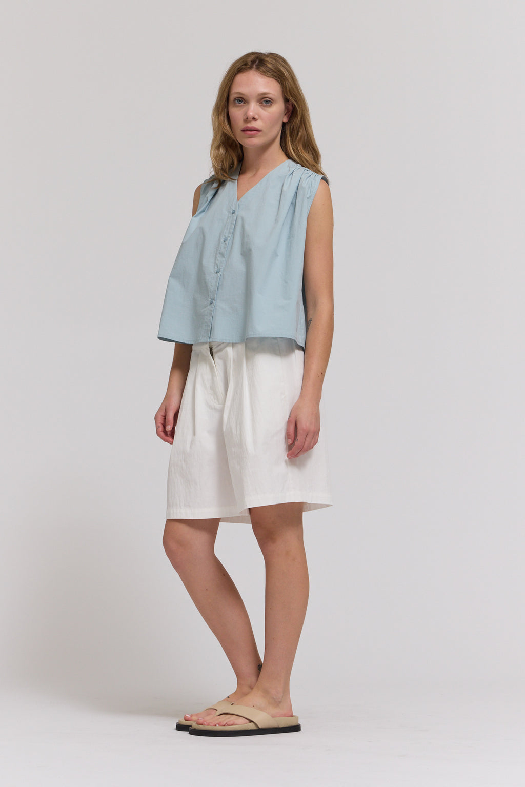Poplin Cotton Shirring Shirts Top in Pale Blue