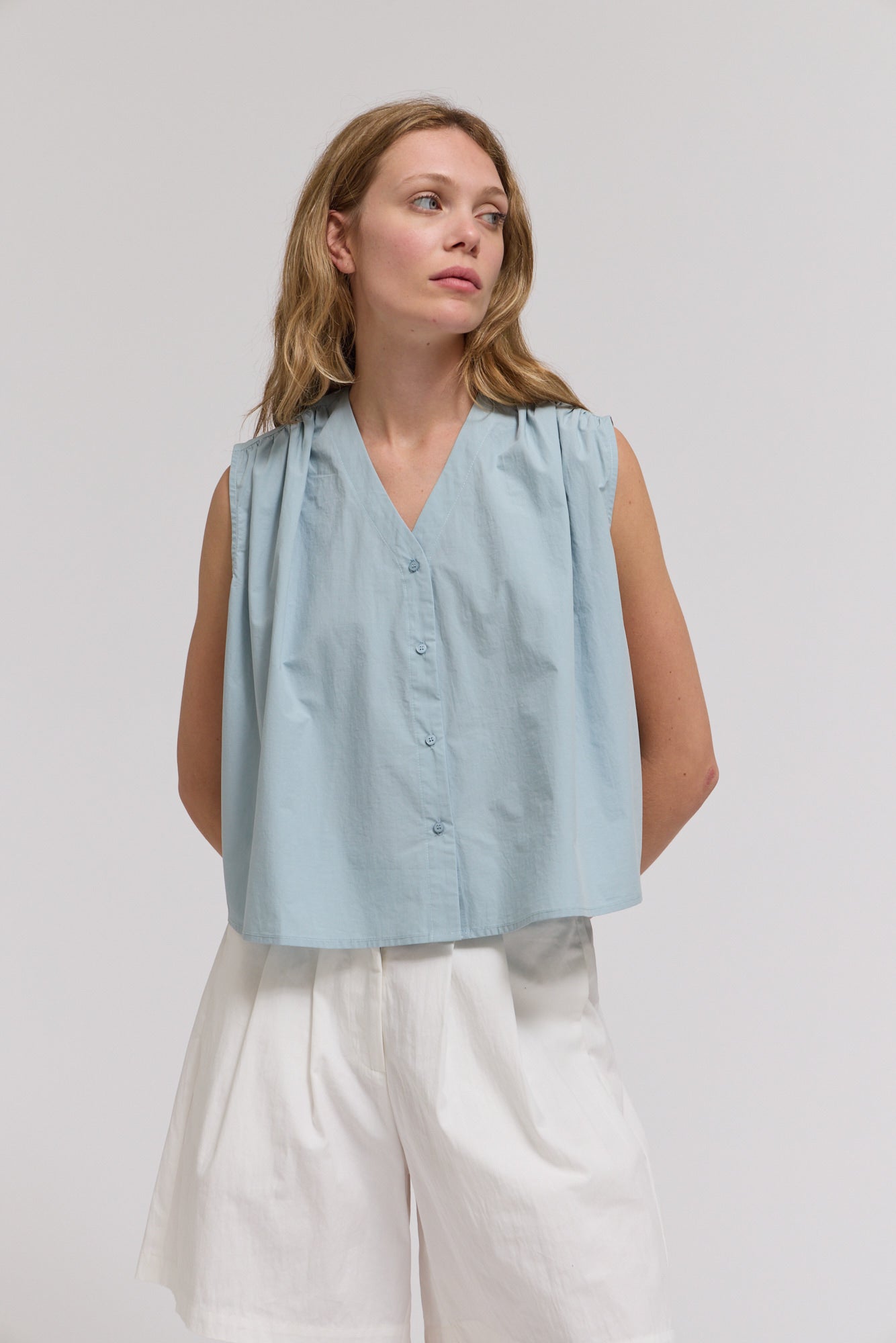 Poplin Cotton Shirring Shirts Top in Pale Blue