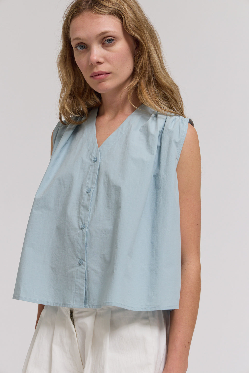 Poplin Cotton Shirring Shirts Top in Pale Blue