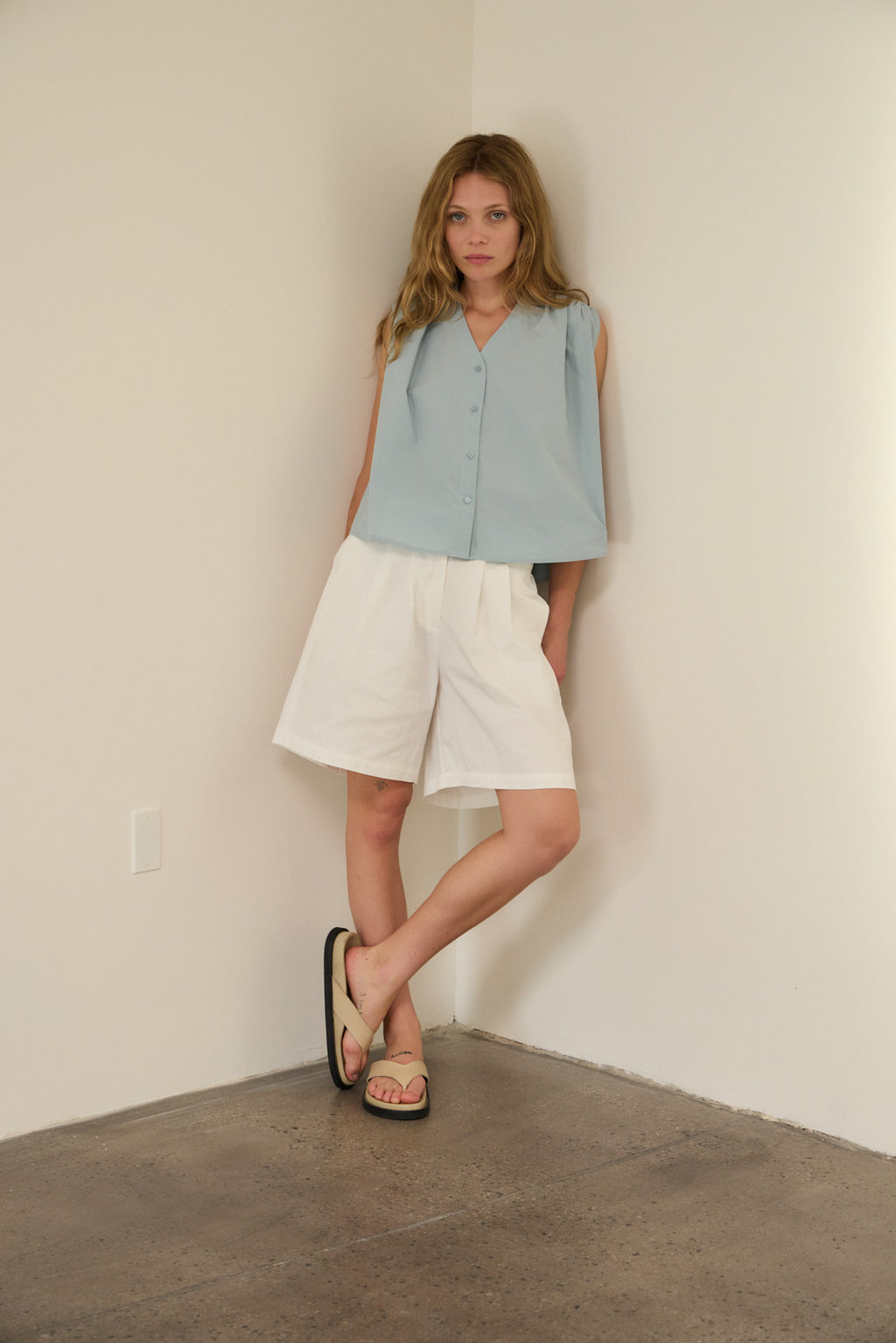 Poplin Cotton Shirring Shirts Top in Pale Blue