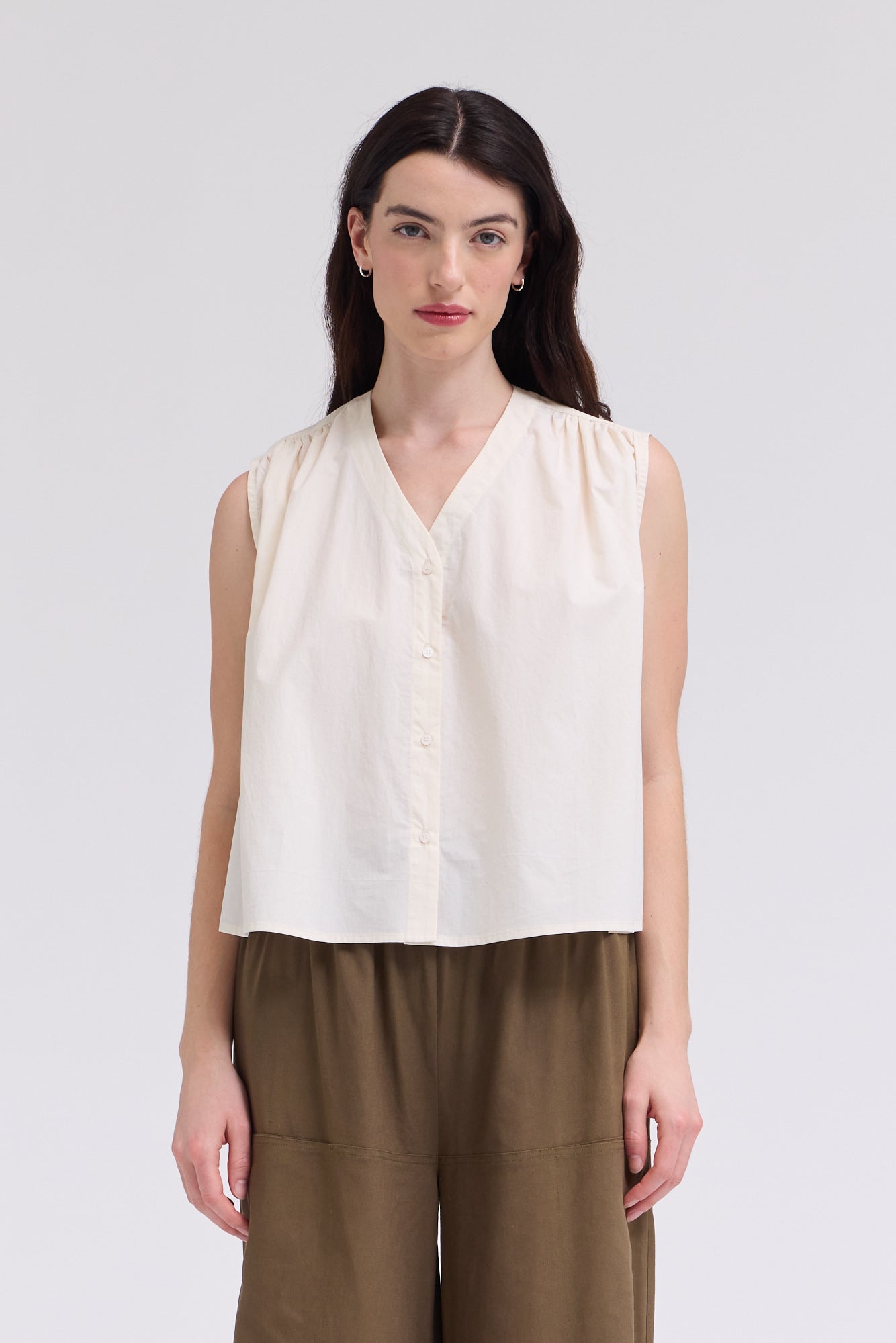 Poplin Cotton Shirring Shirts Top in Soy