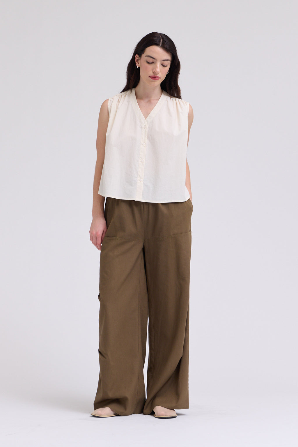 Poplin Cotton Shirring Shirts Top in Soy