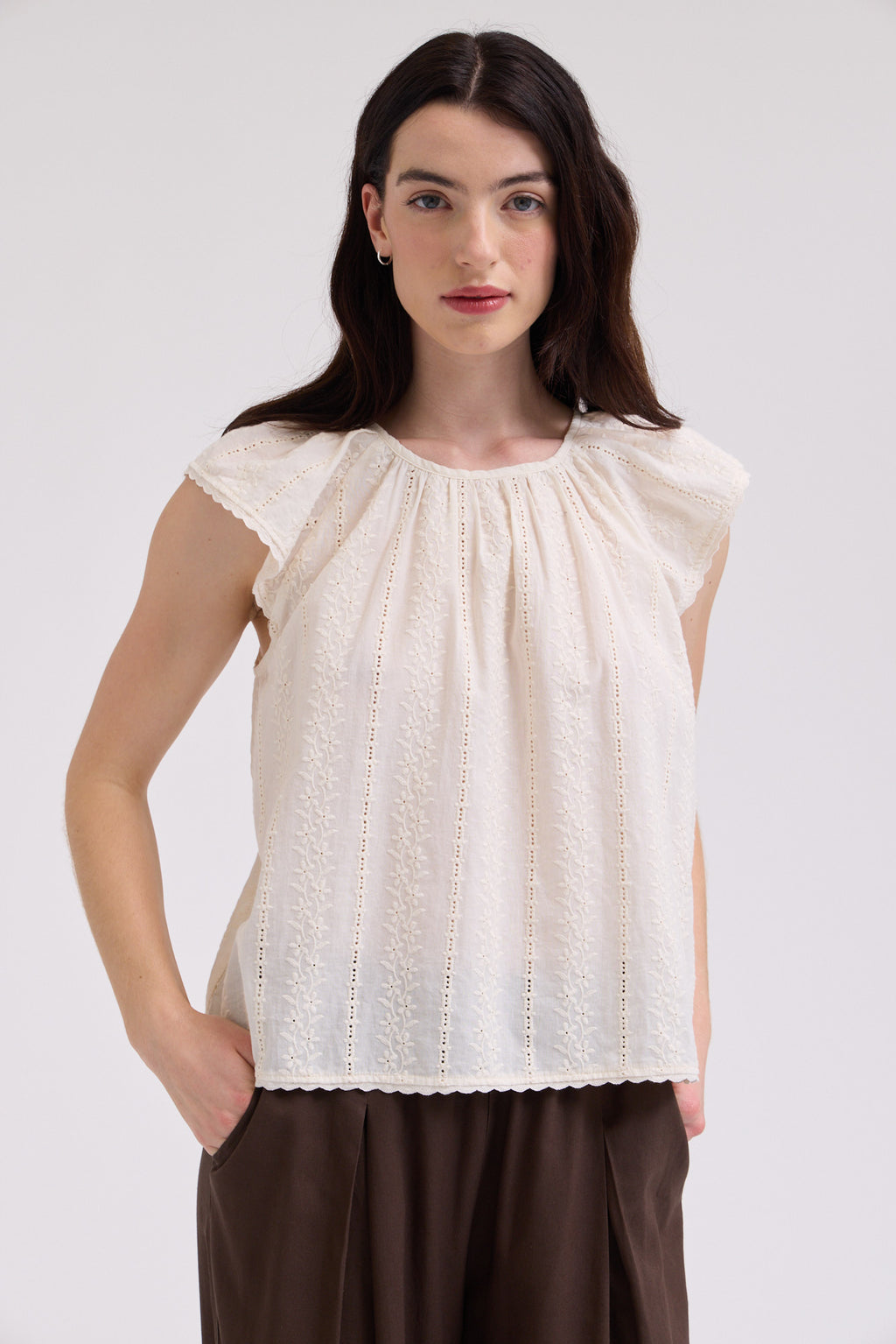 Embroidered Flutter Sleeve Blouse