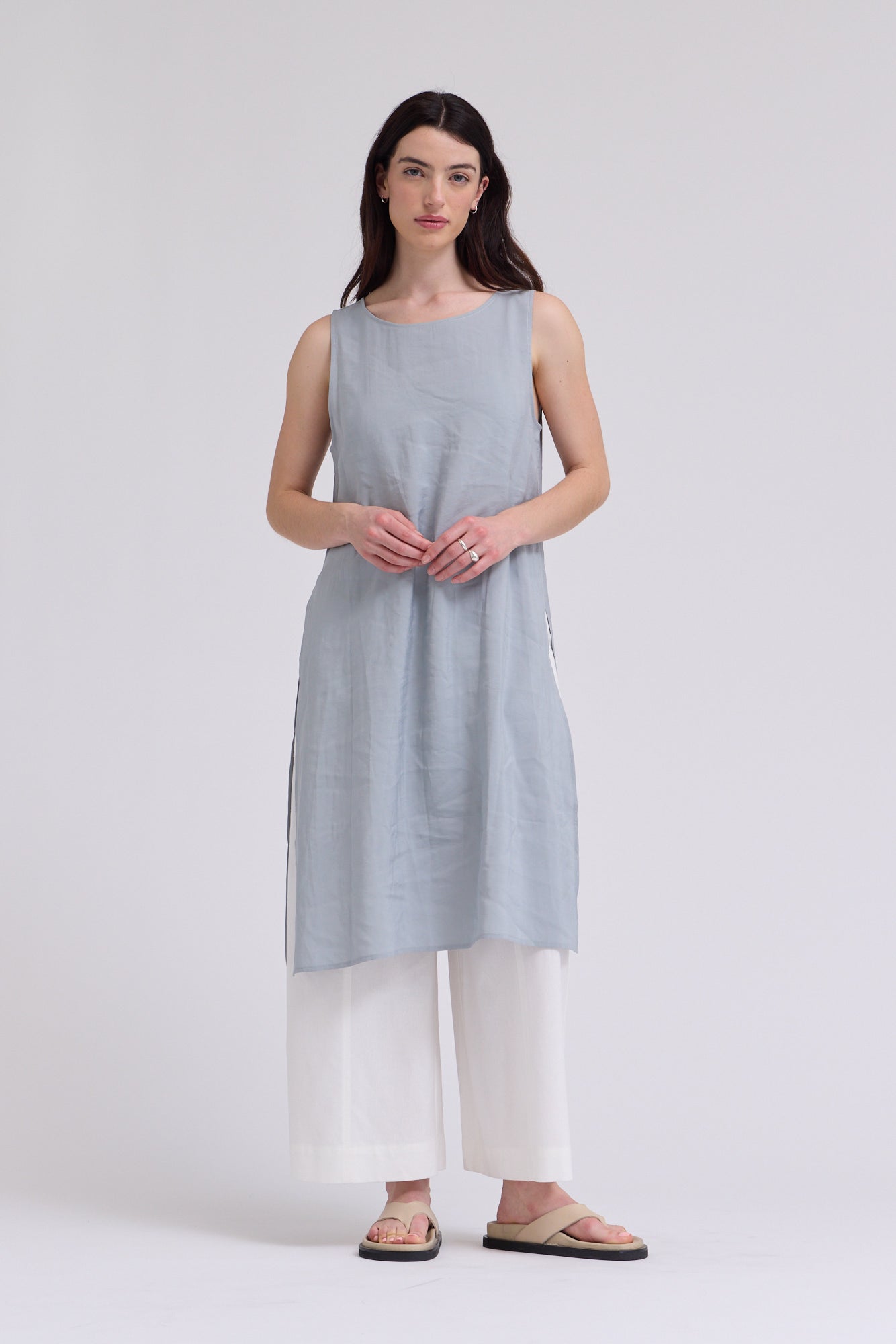Knee Length Side Slit Cover Up Top in Dusty Blue