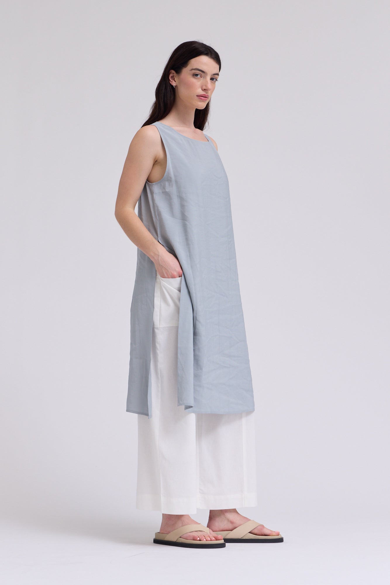 Knee Length Side Slit Cover Up Top in Dusty Blue