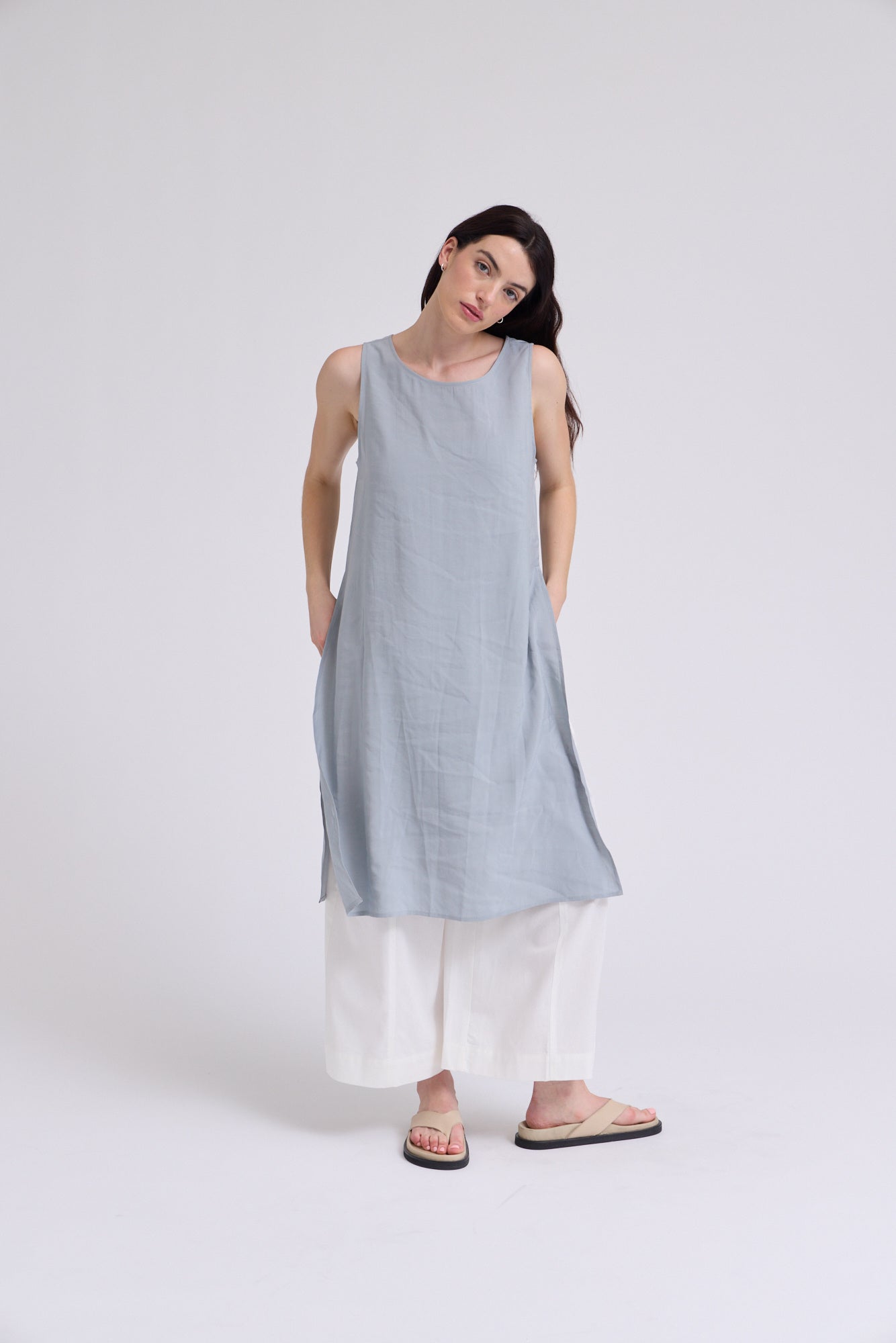 Knee Length Side Slit Cover Up Top in Dusty Blue