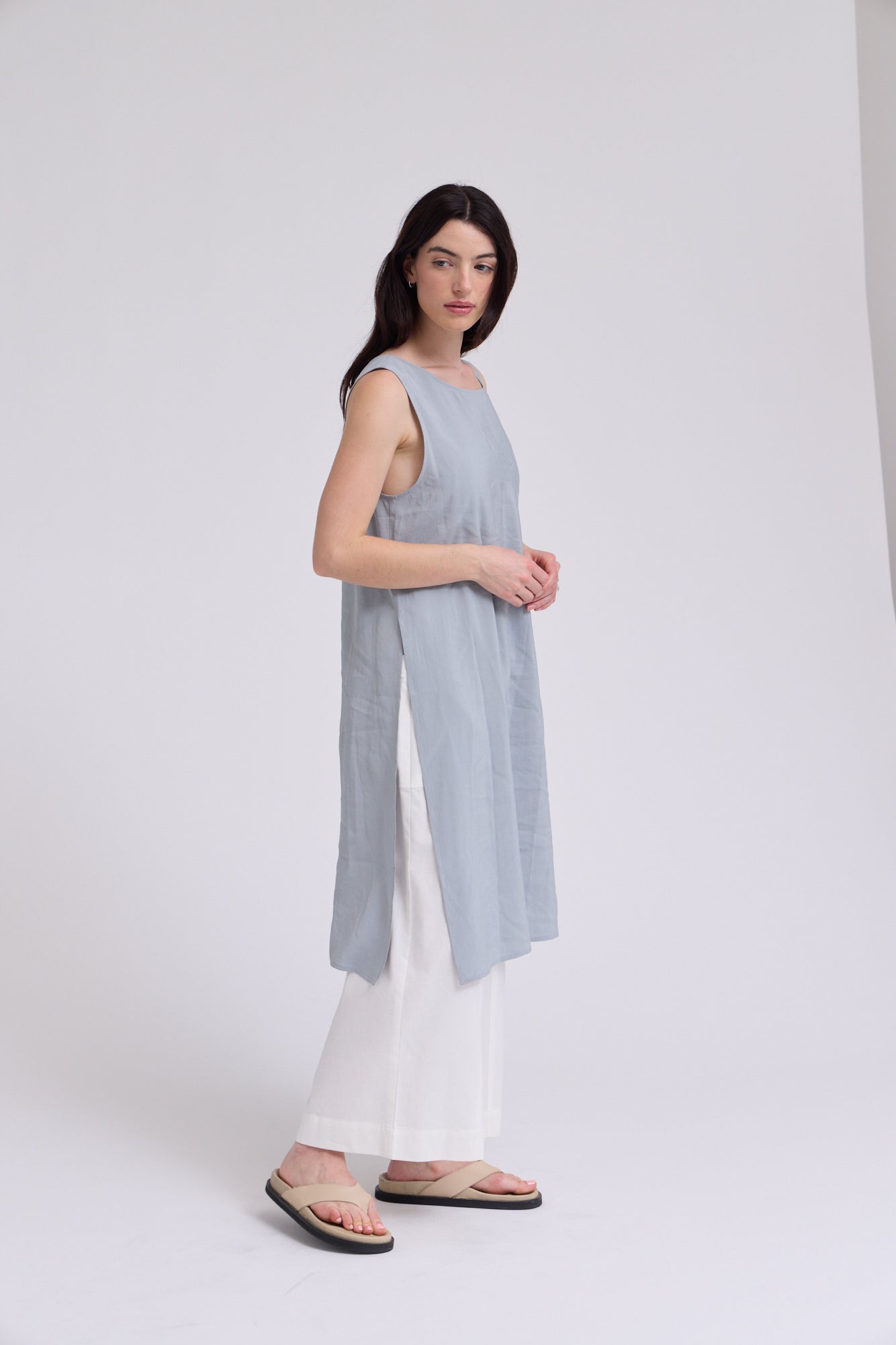 Knee Length Side Slit Cover Up Top in Dusty Blue