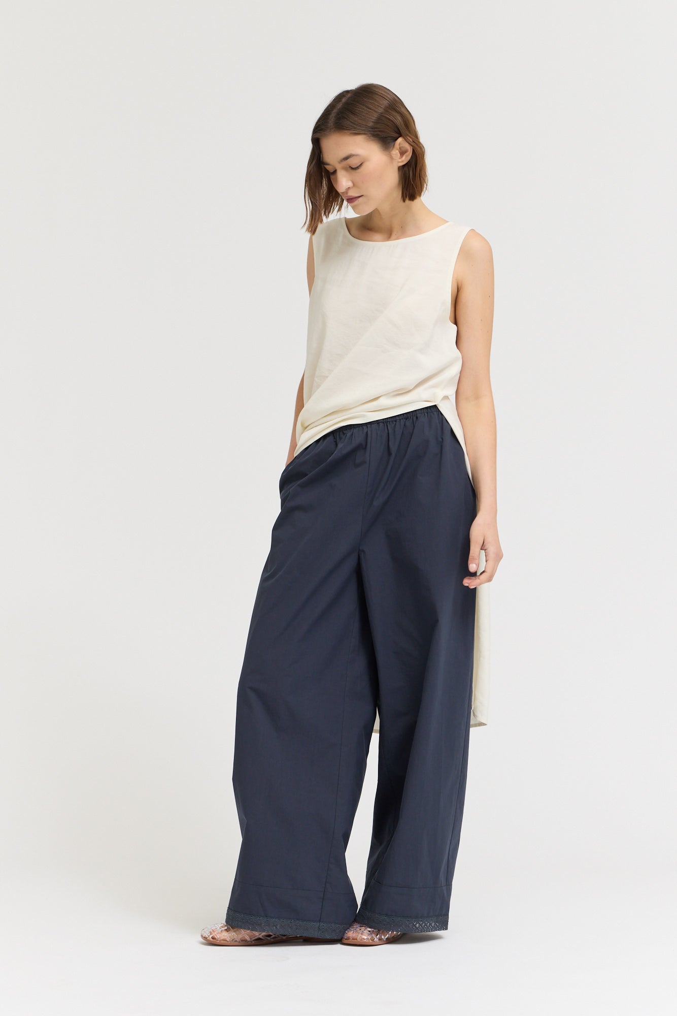 Eyelet Hem Detailed Cotton Pants in Atlantic