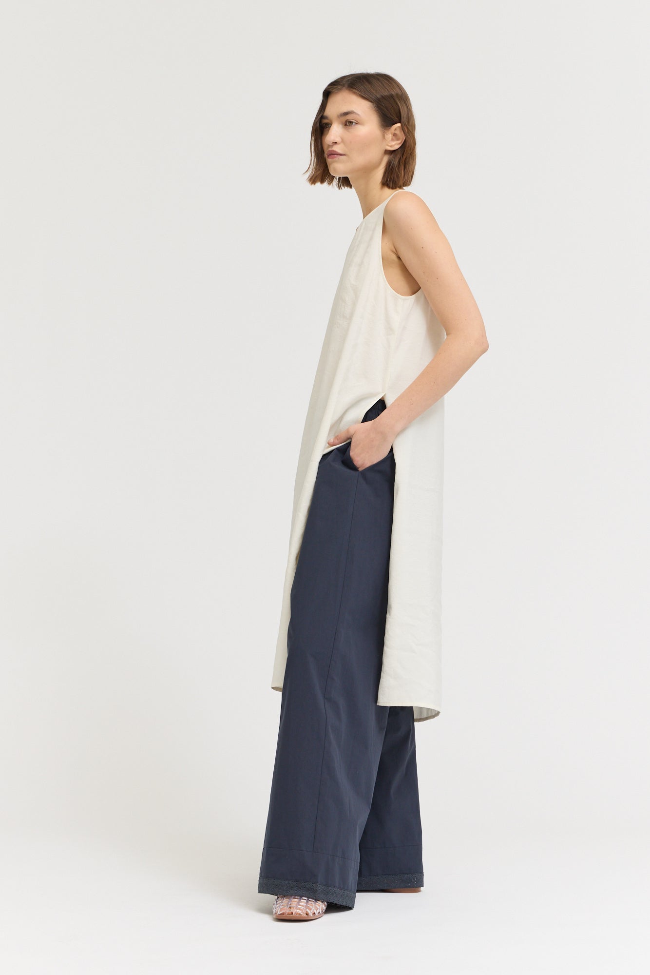Eyelet Hem Detailed Cotton Pants in Atlantic