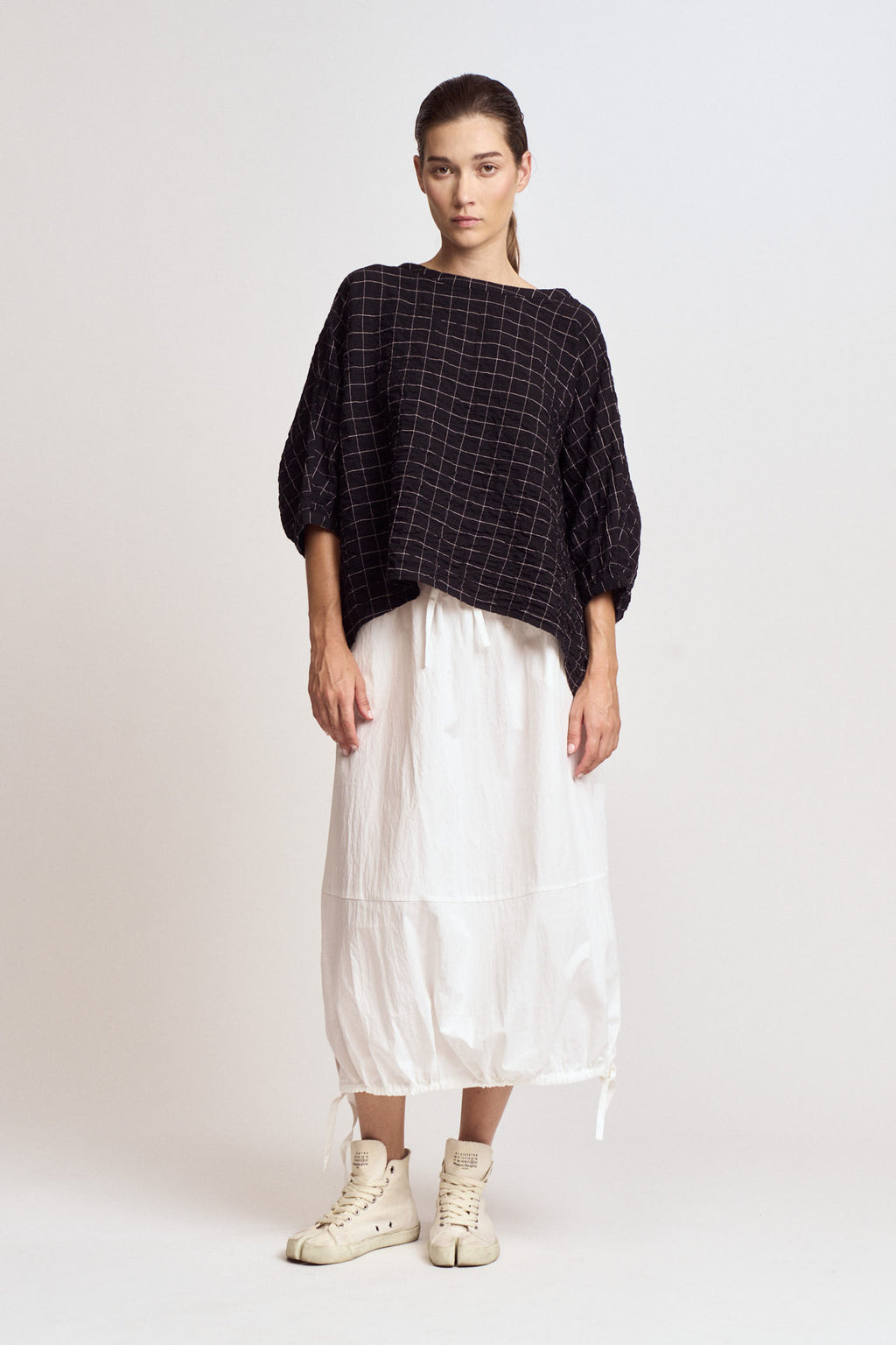 Check Print Gauze Blouse in Black