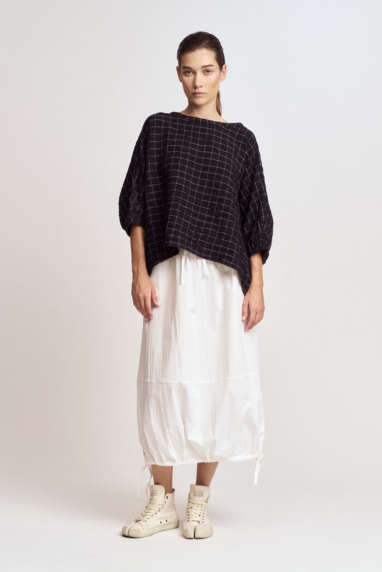 Check Print Gauze Blouse in Black