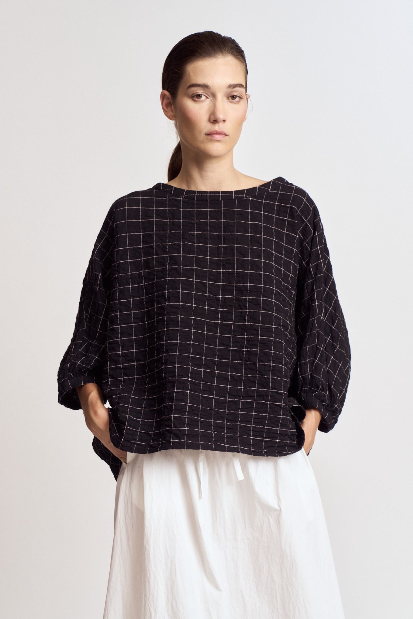 Check Print Gauze Blouse in Black