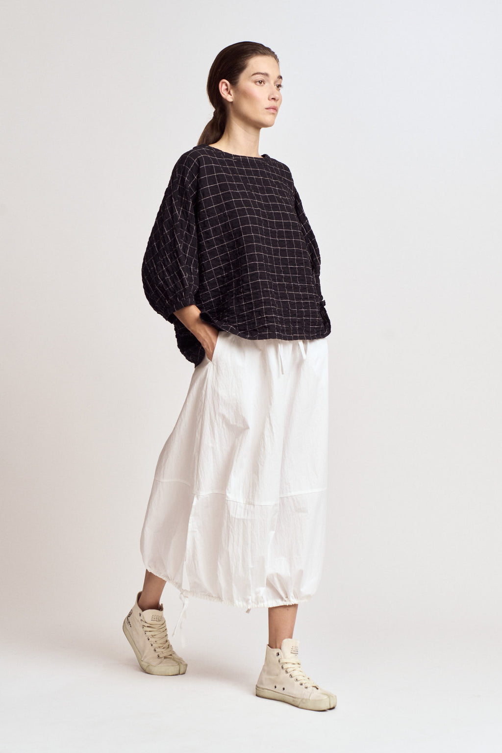 Check Print Gauze Blouse in Black