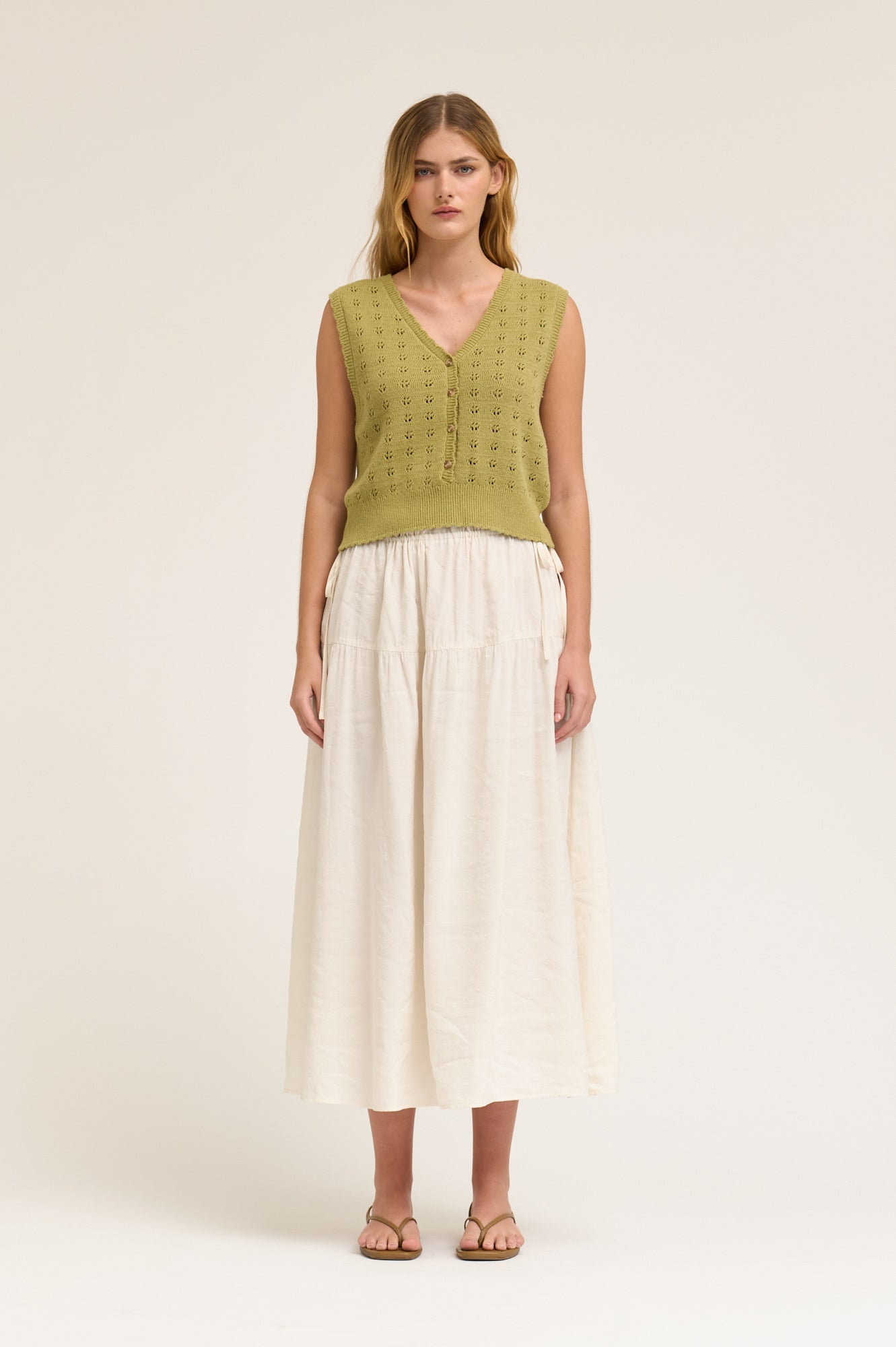 Floral Knitting Button Down Vest Top in Green Moss