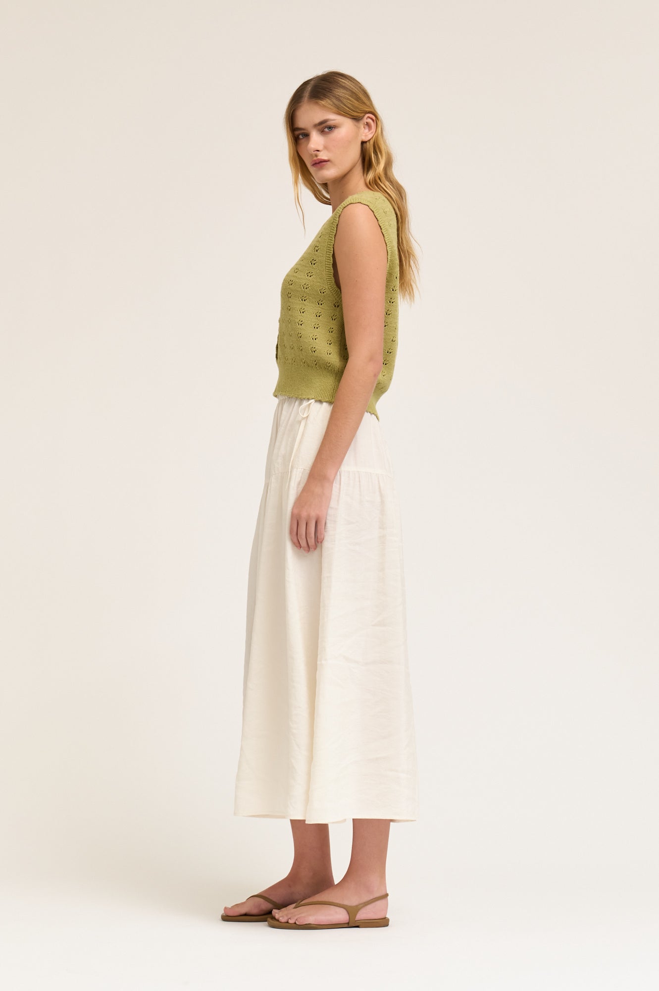 Floral Knitting Button Down Vest Top in Green Moss