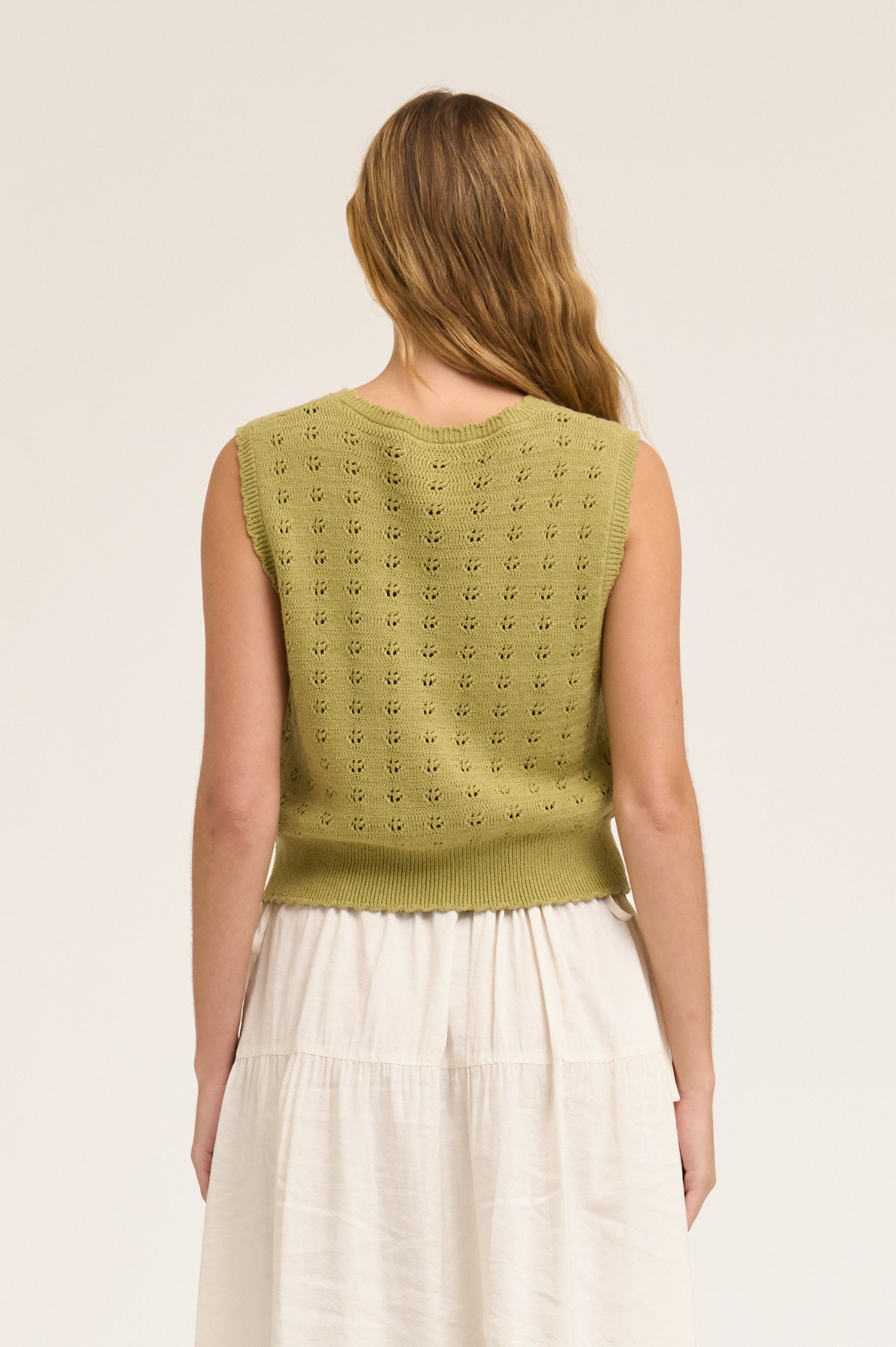 Floral Knitting Button Down Vest Top in Green Moss
