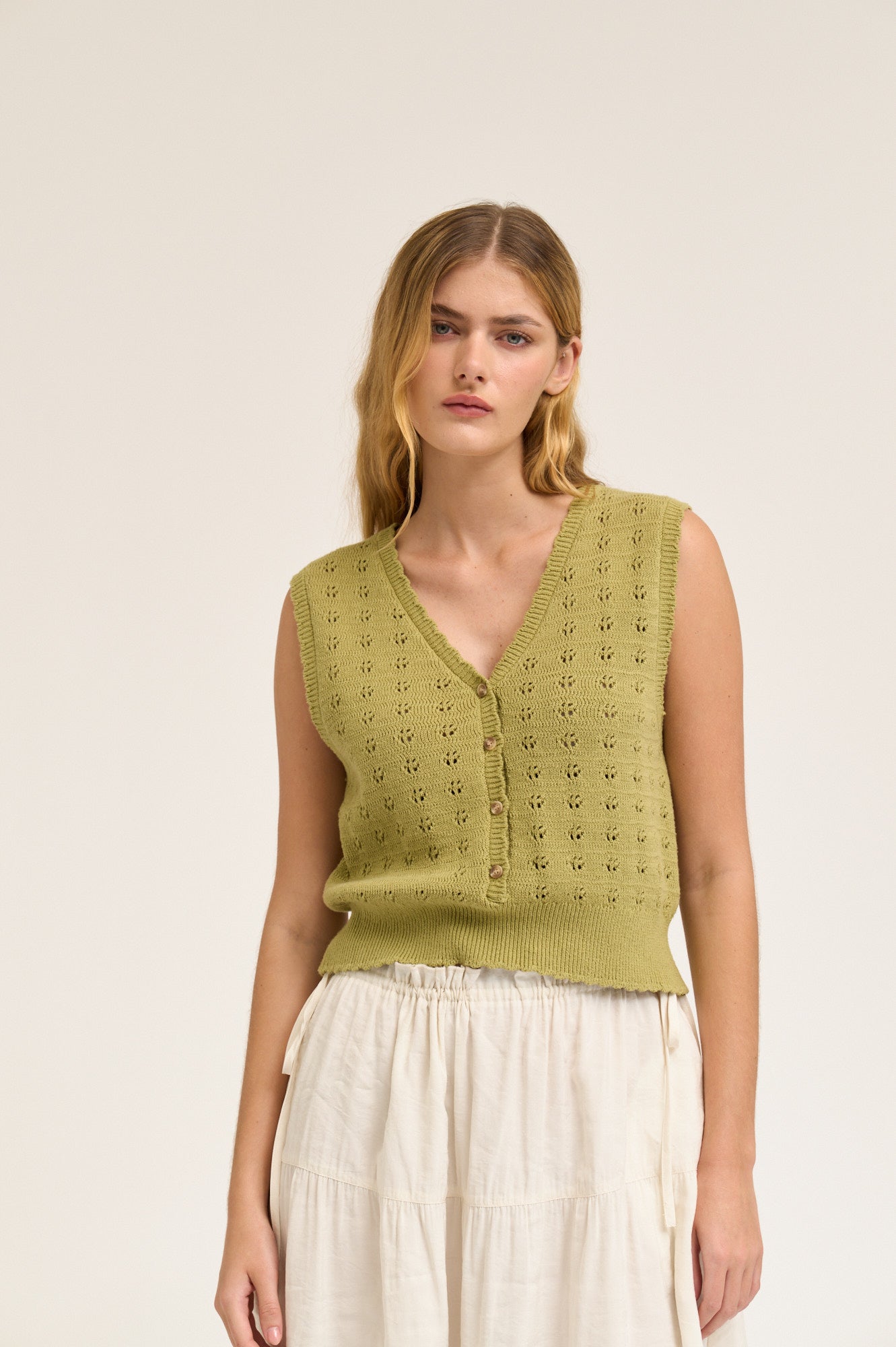 Floral Knitting Button Down Vest Top in Green Moss