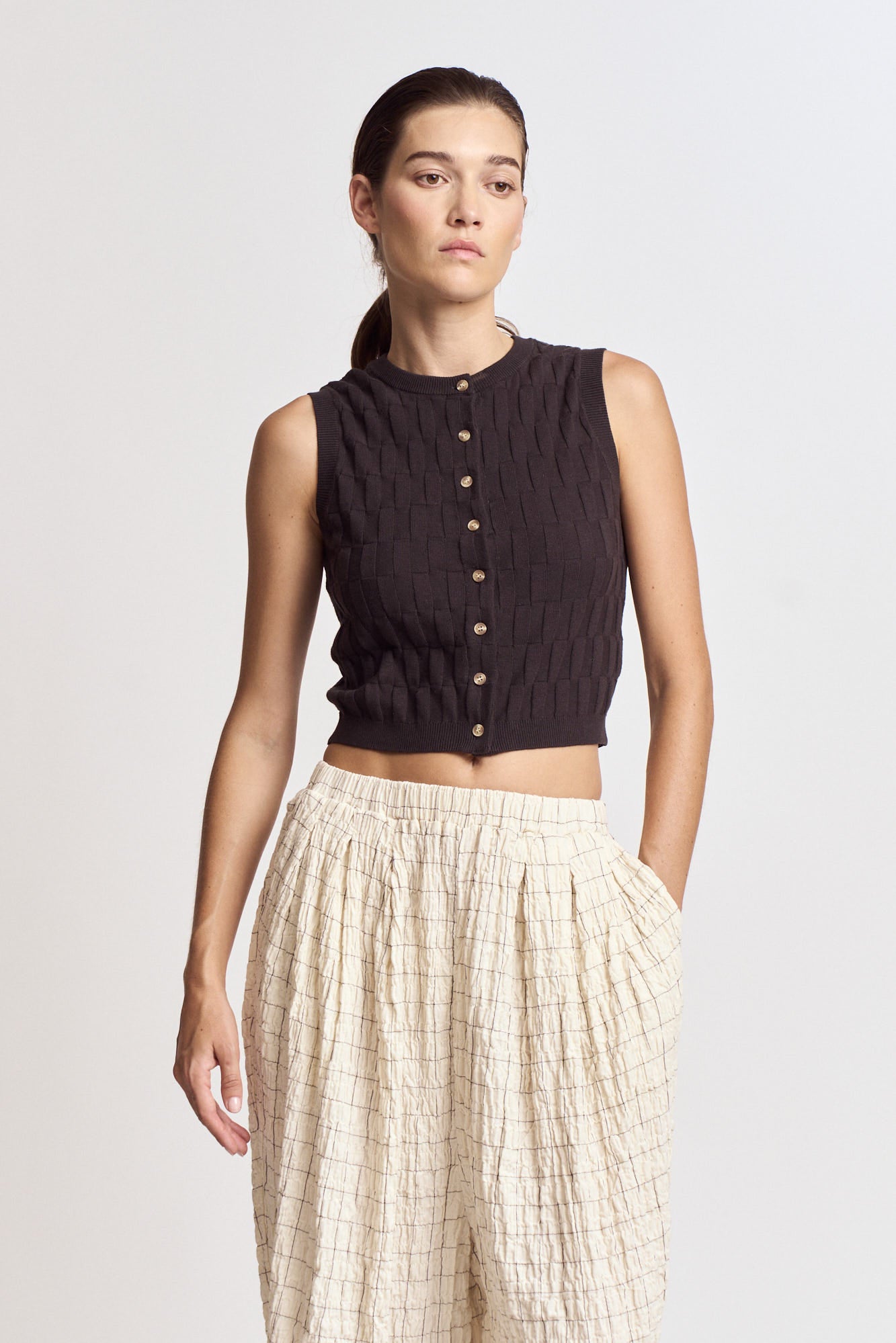 Rectangle Check Knit Vest in Shadow