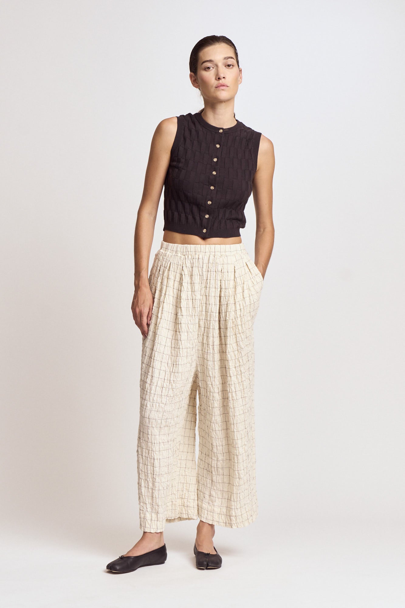 Check Print Gauze Pants in Cream