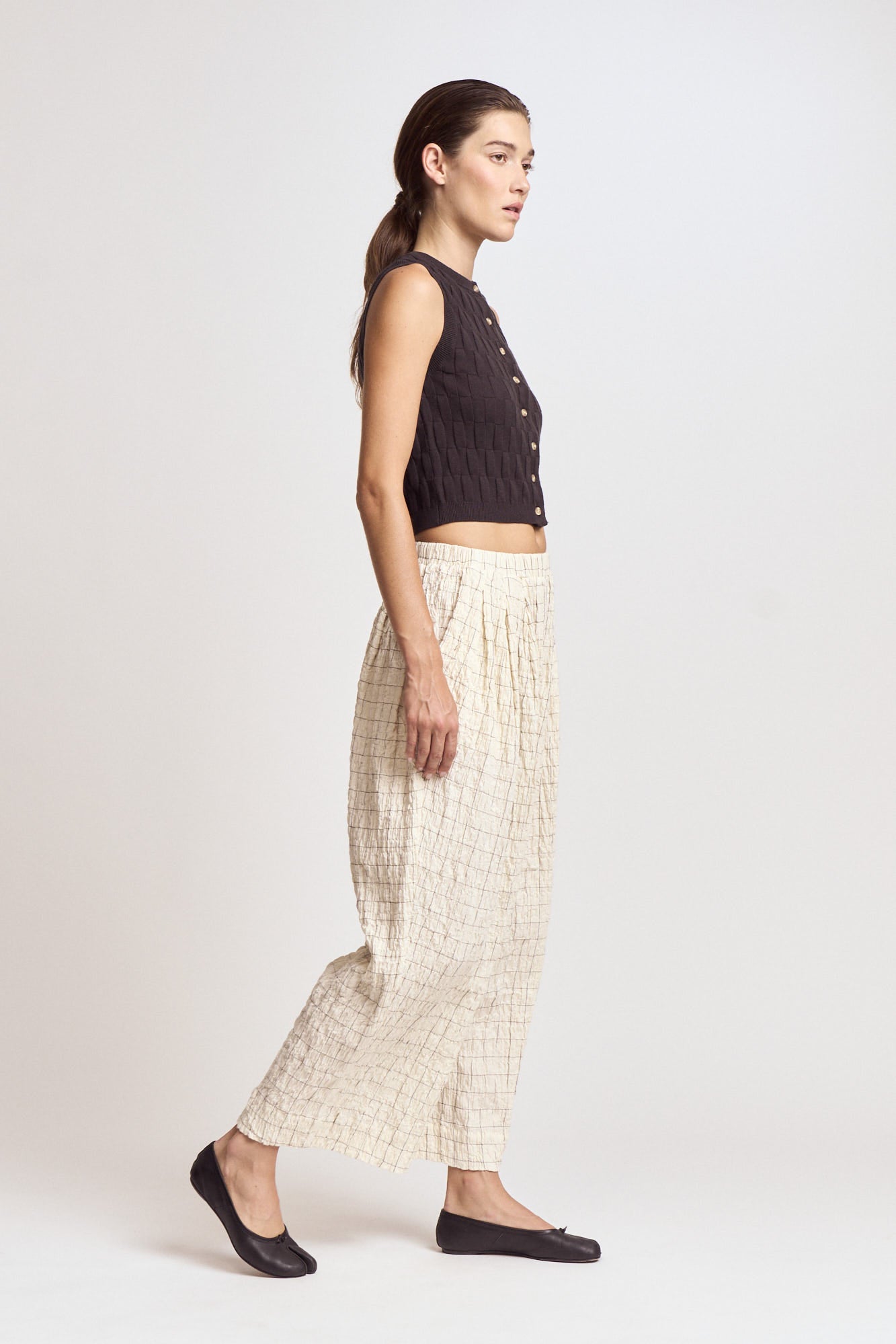 Check Print Gauze Pants in Cream