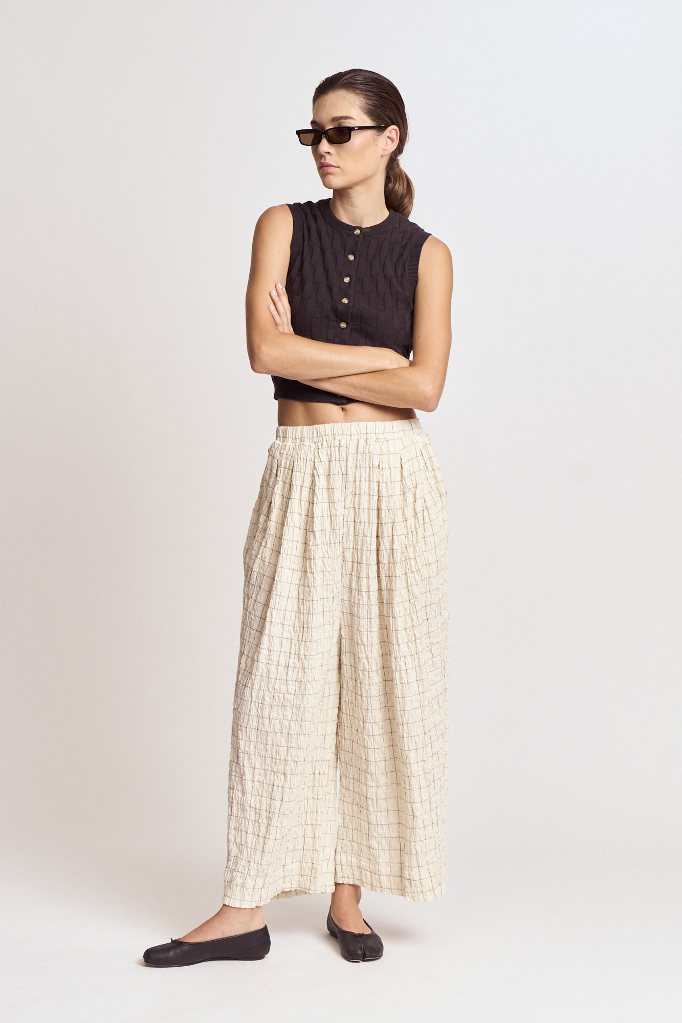 Check Print Gauze Pants in Cream