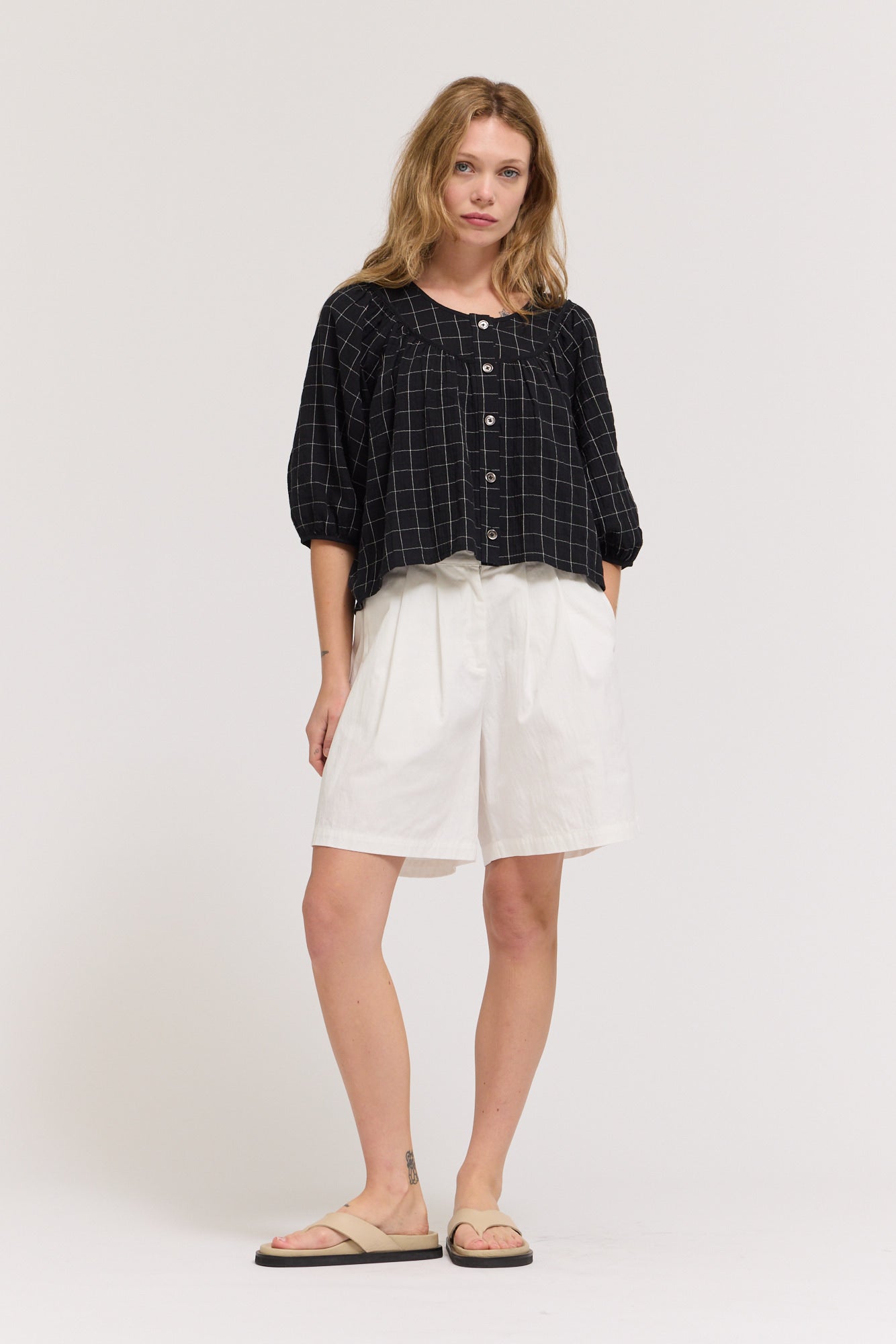 Twill Tape Detail With Puff Sleeves Top in Black