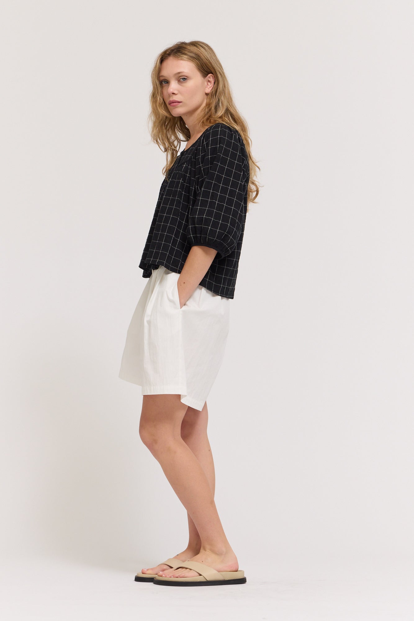 Twill Tape Detail With Puff Sleeves Top in Black