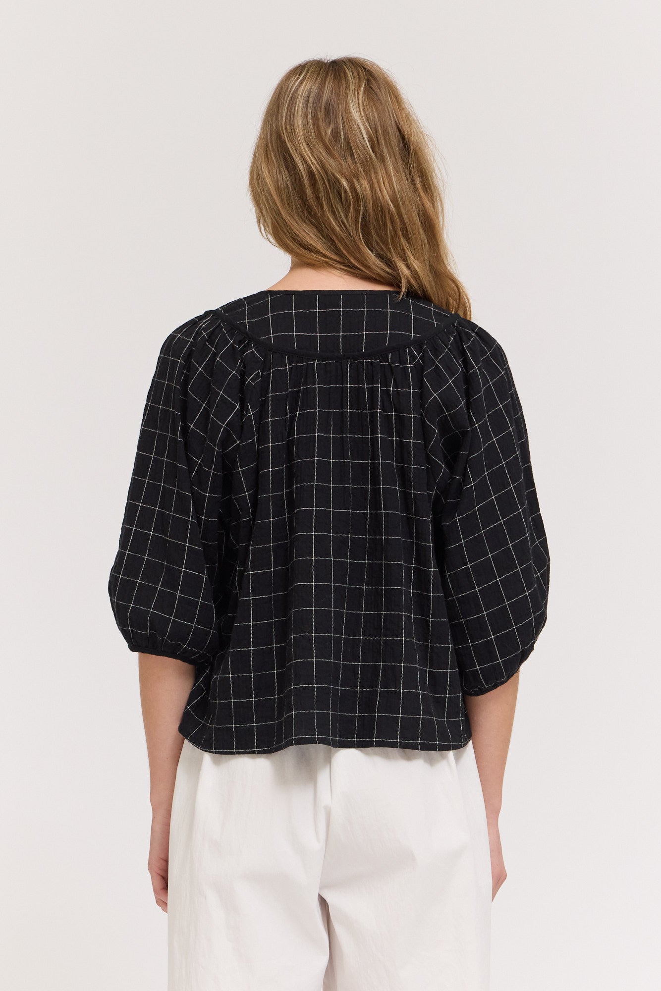 Twill Tape Detail With Puff Sleeves Top in Black