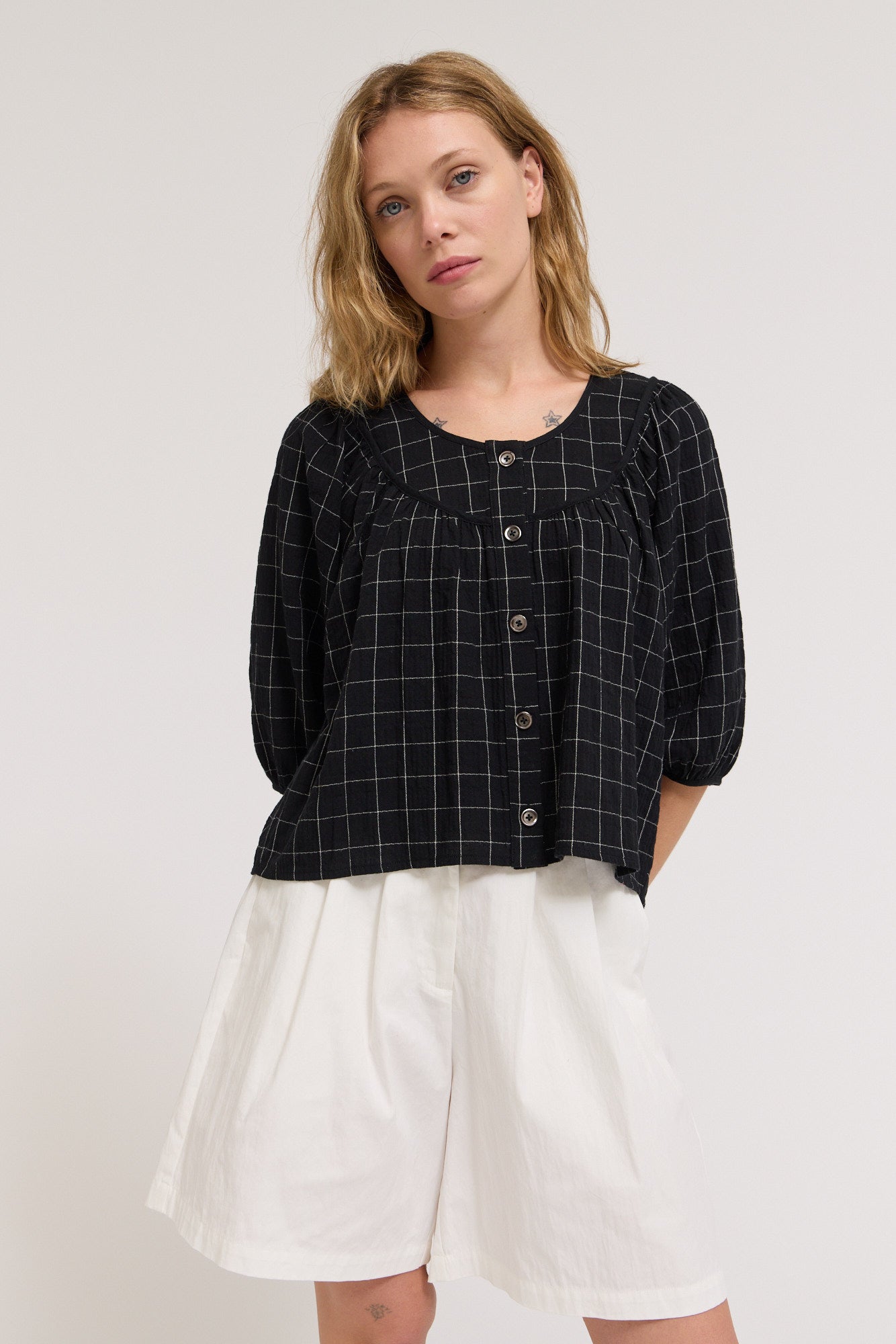 Twill Tape Detail With Puff Sleeves Top in Black