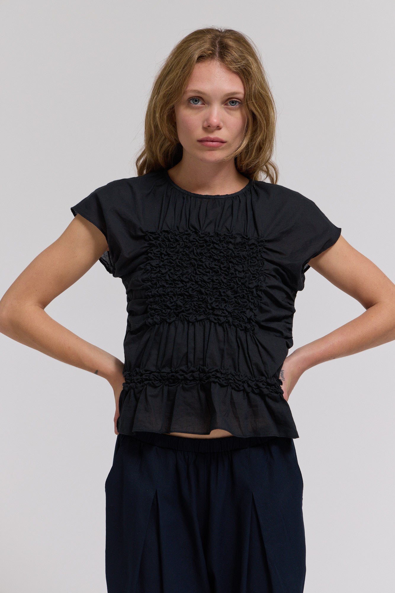 Smocked Front Blouse in Black
