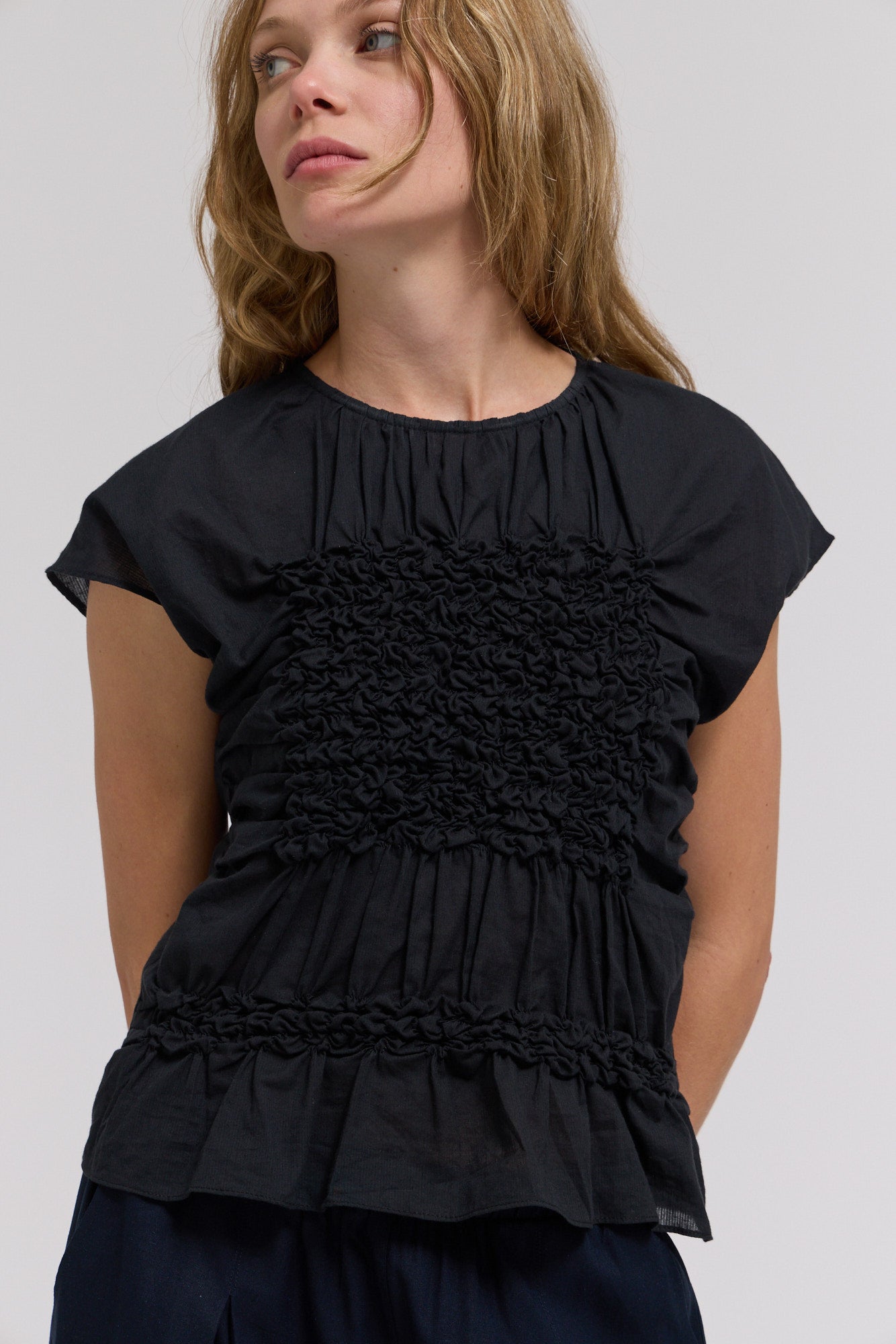 Smocked Front Blouse in Black