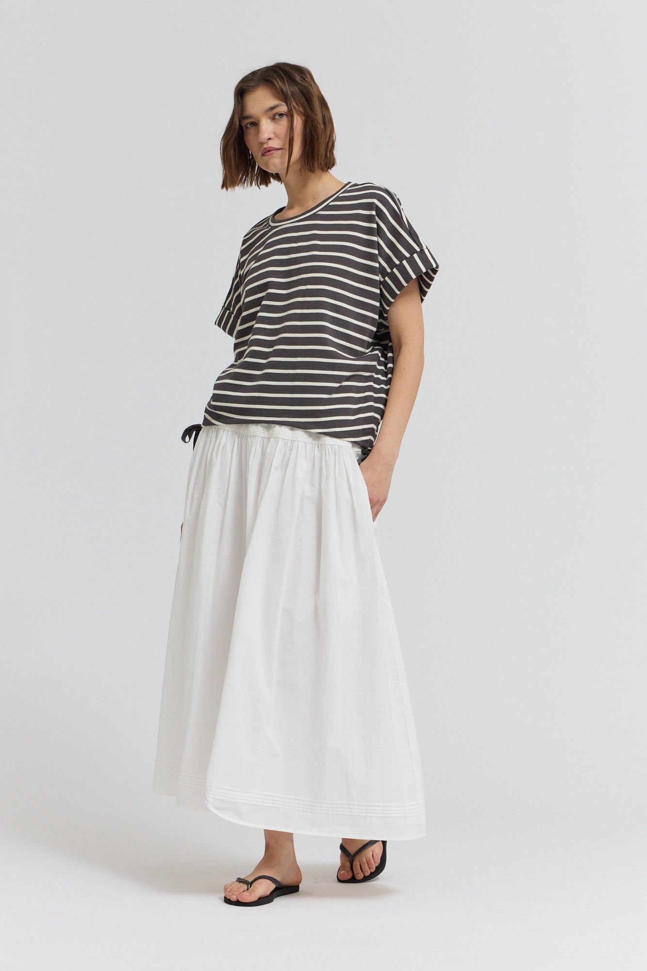 Stripe Drawstring Tee in Steel