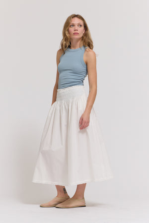 Eyelet Trim Detailed Smocking Waist Skirt in Off White