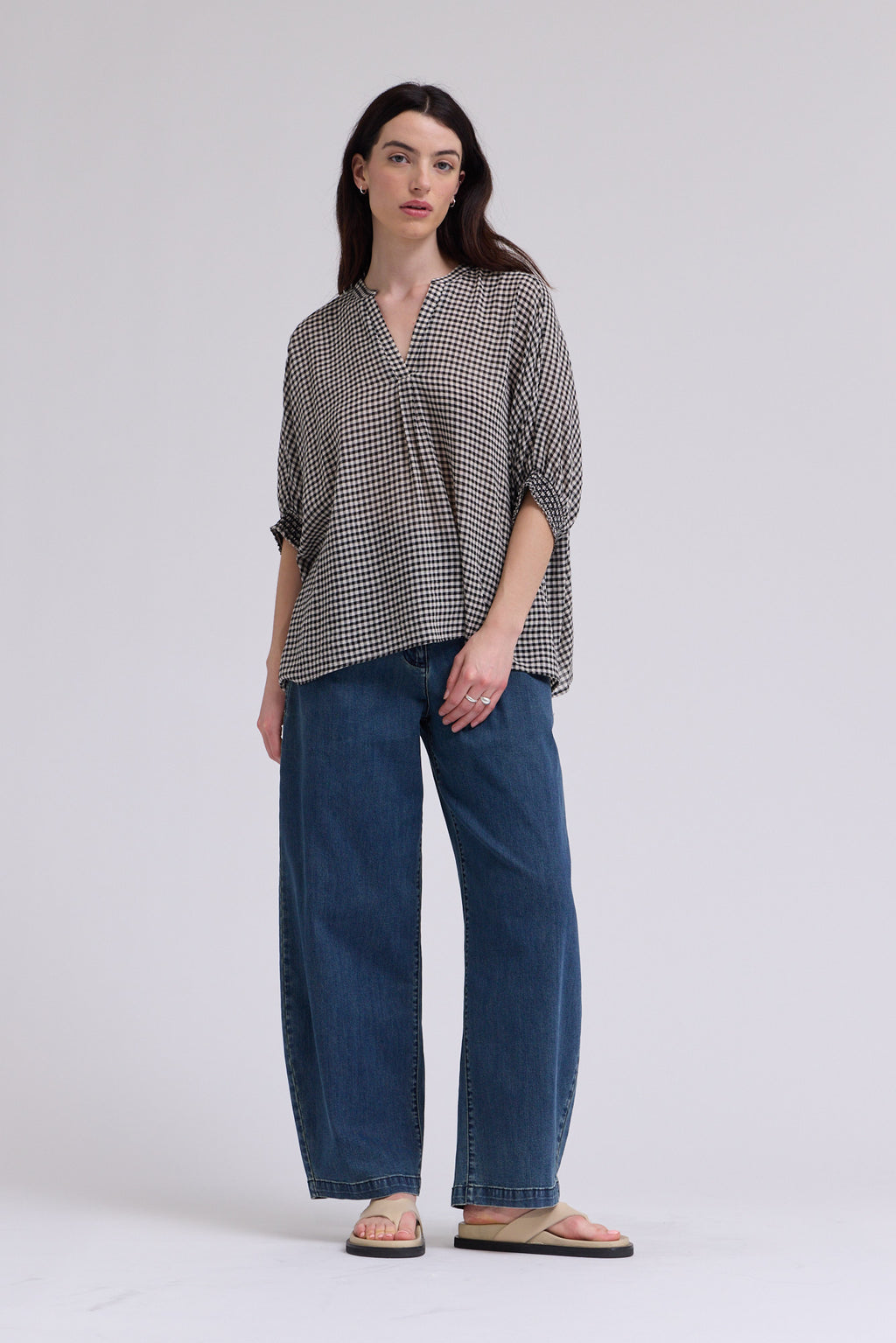 Crinkle Smocked Cuff Blouse in Black