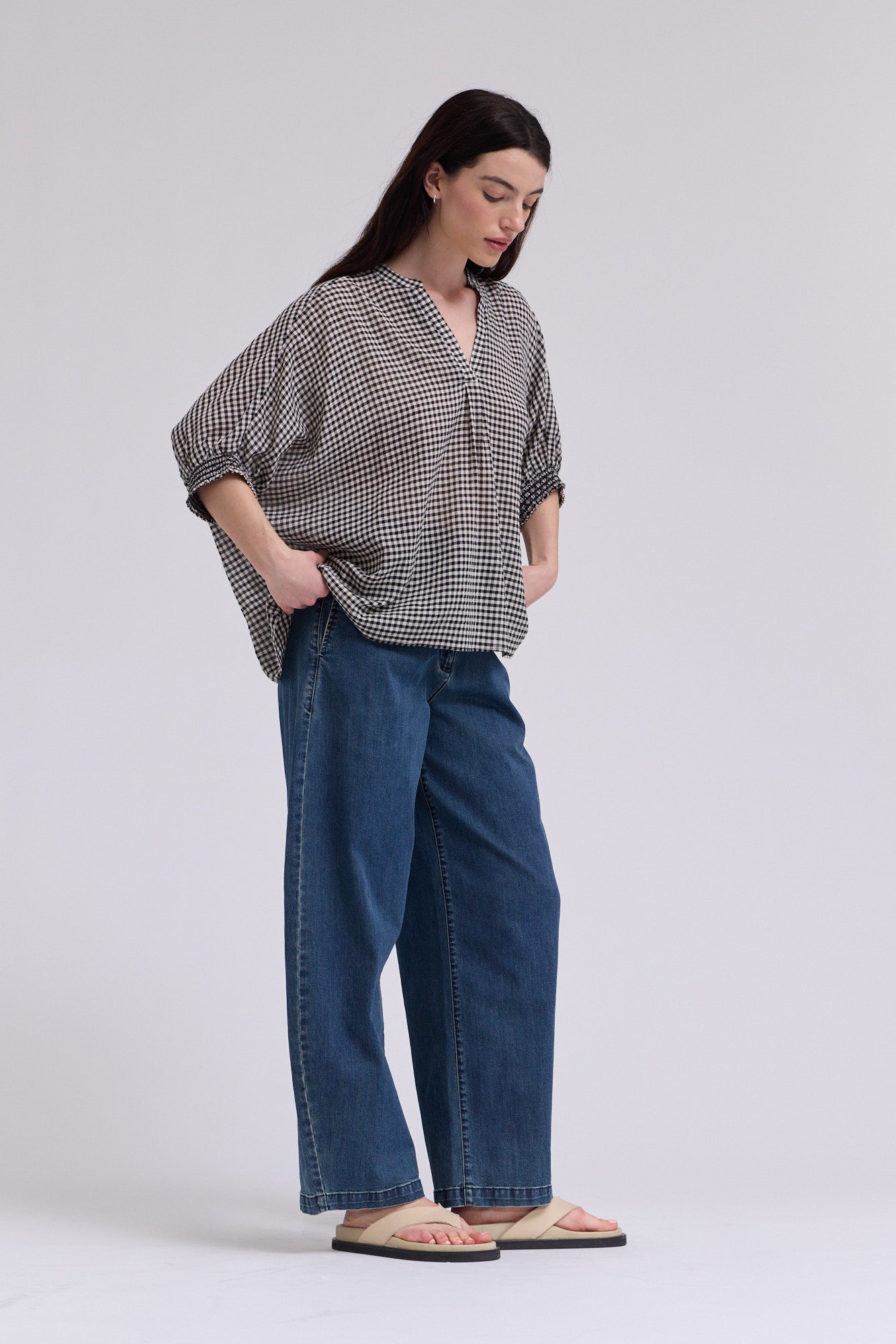 Crinkle Smocked Cuff Blouse in Black