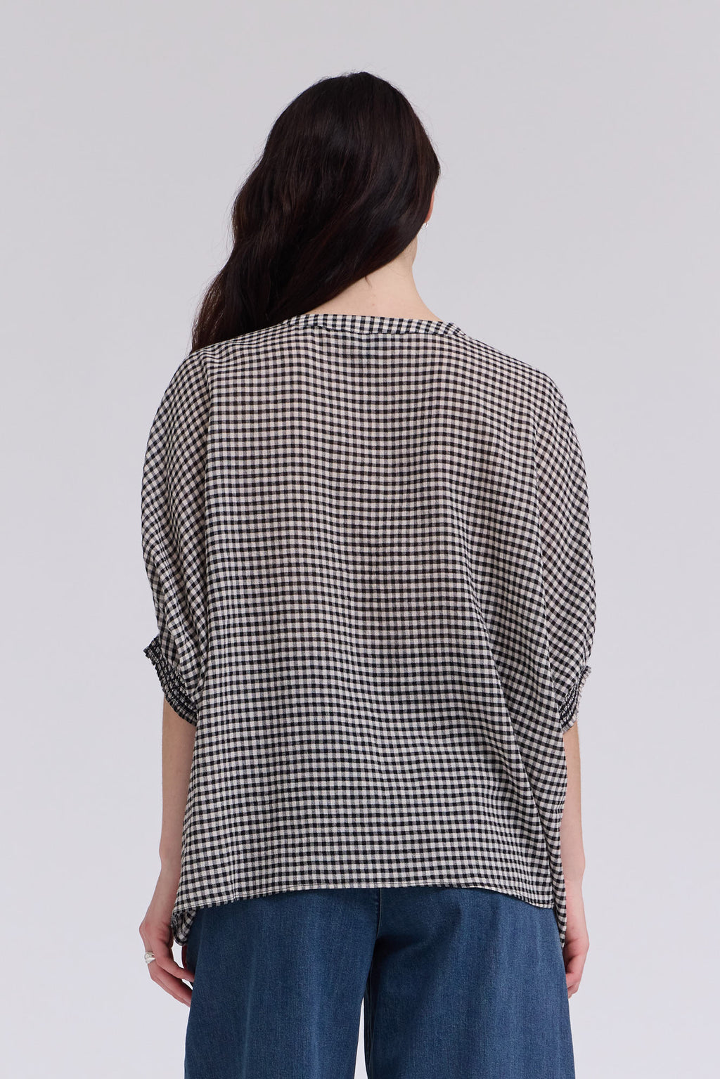 Crinkle Smocked Cuff Blouse in Black