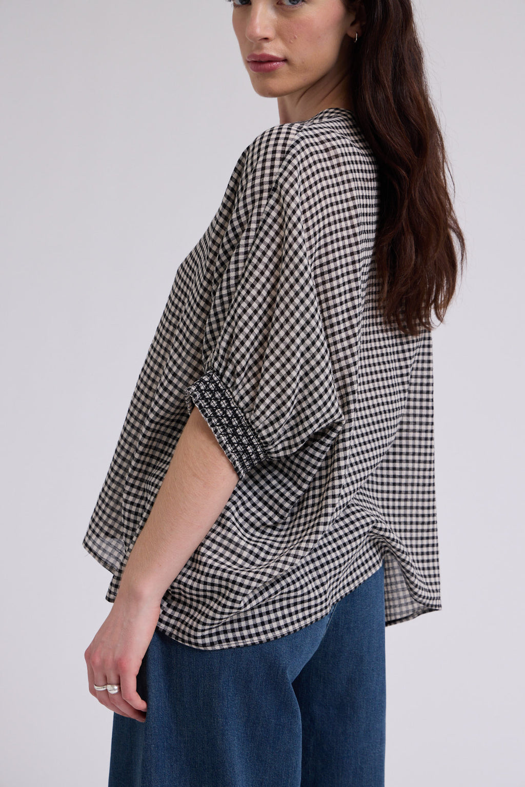 Crinkle Smocked Cuff Blouse in Black